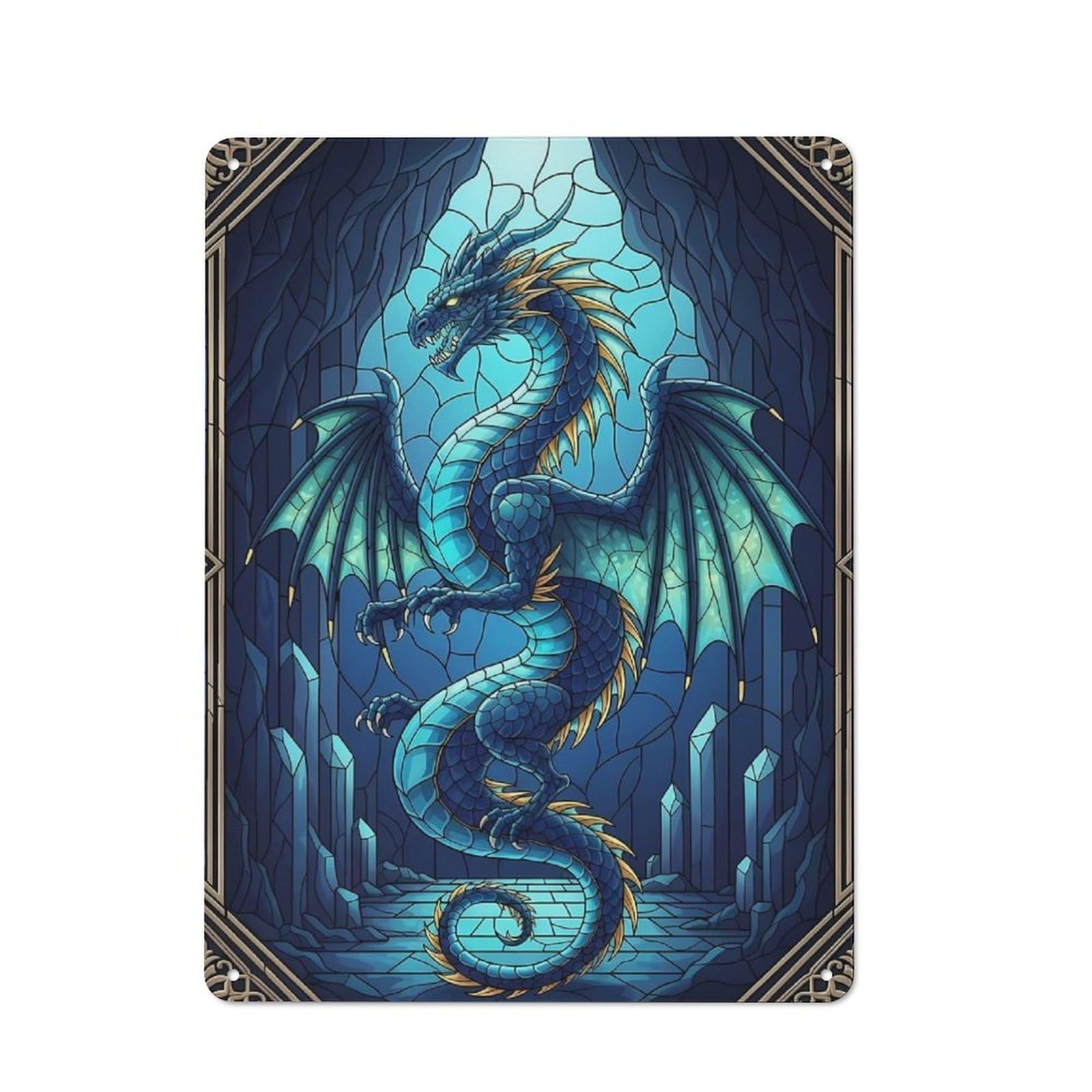Junmoney Style-15 Blue Dragon Stained Glass Illustration Cafe Metal Sign 40X30cm, Bistro Style Bistro Wall Plaque For Coffee Bar, Small Shop Or Dining Room
