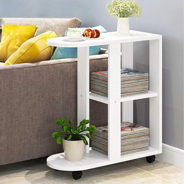 QIHANG-UK Mobile Sofa Side Table for Small Spaces, Wood Rolling White End Table with Wheels, Open Shelves for Bedroom, Living Room, Office