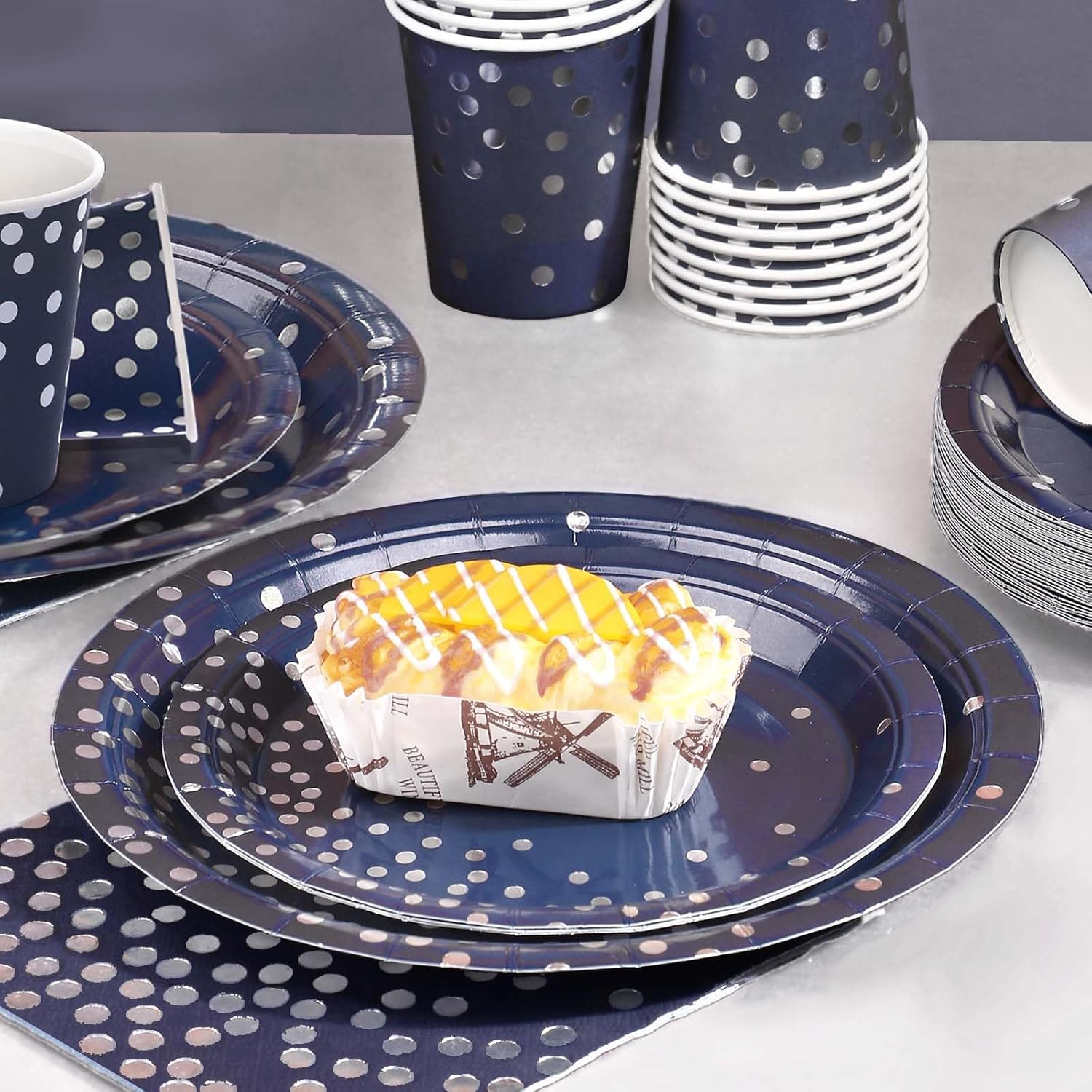 Gudvilla350 PCS Navy Blue Plates and Napkins Party Supplies,Navy Blue Paper Plates with Plastic Silverware Serve 50 Guests,Blue and Silver Birthday Plates Disposable for Wedding Retirement Decorations