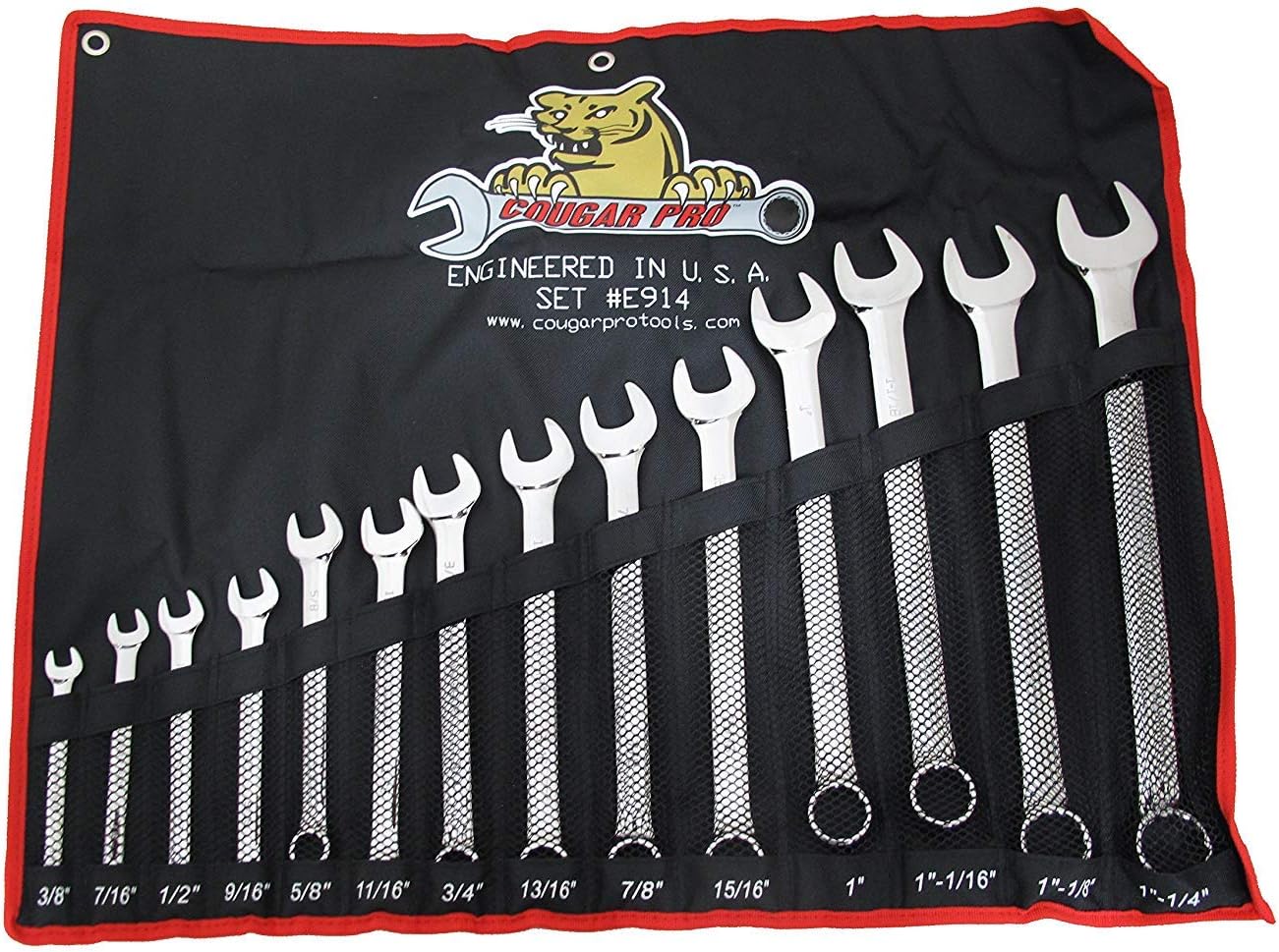 Cougar Pro E914 SAE Full Polish Combination Wrench Set, 3/8" to 1-1/4" (14-Piece)