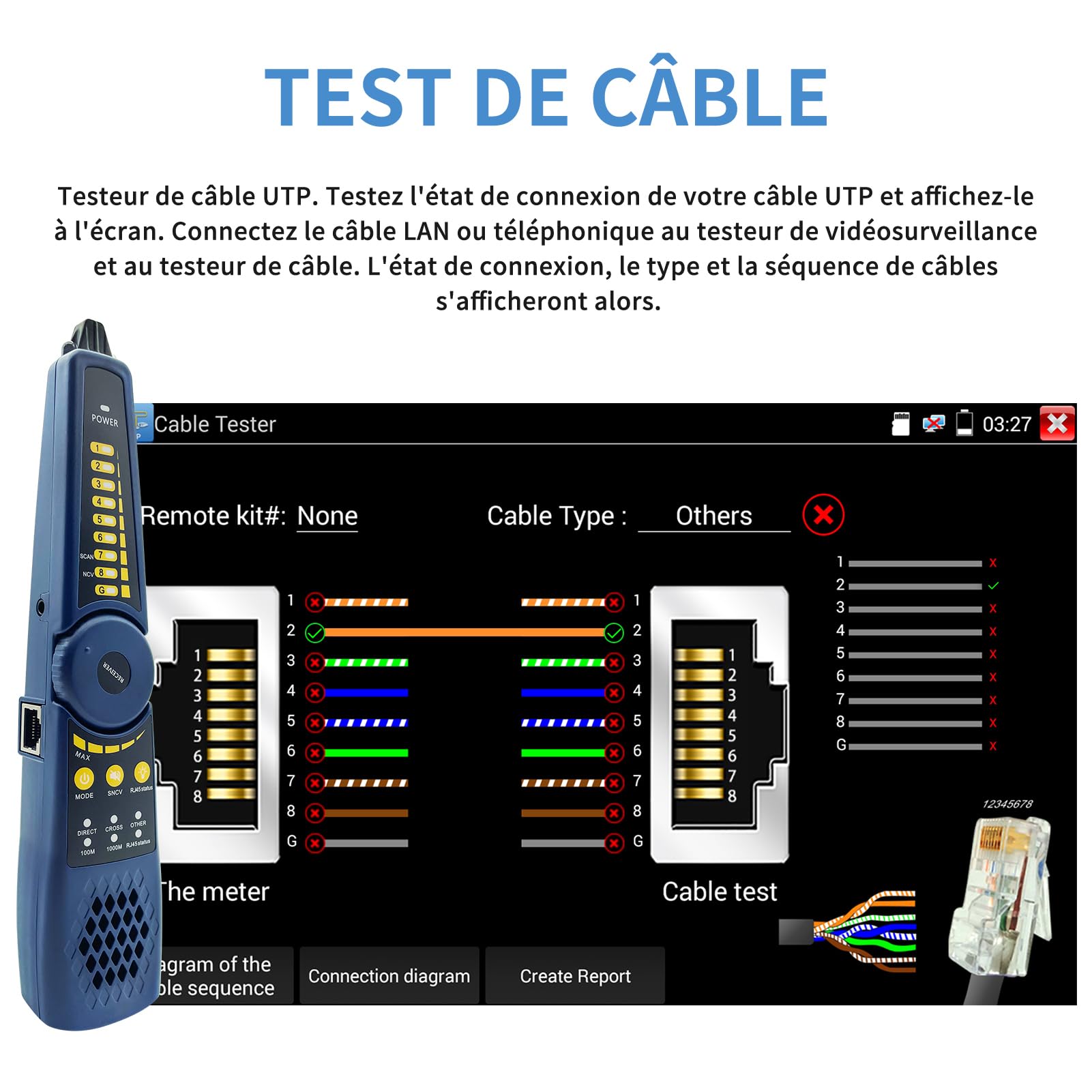 Henkion Kabeltester WT255 Cable Tracker, Drahtverfolger für Netzwerk-Telefonleitungen RVV BNC, unterstützt J45-Netzwerkkabeltest, Kurzschlusstest, Host-/Testbox-Fehlerortung, Arbeiten mit Kameratester