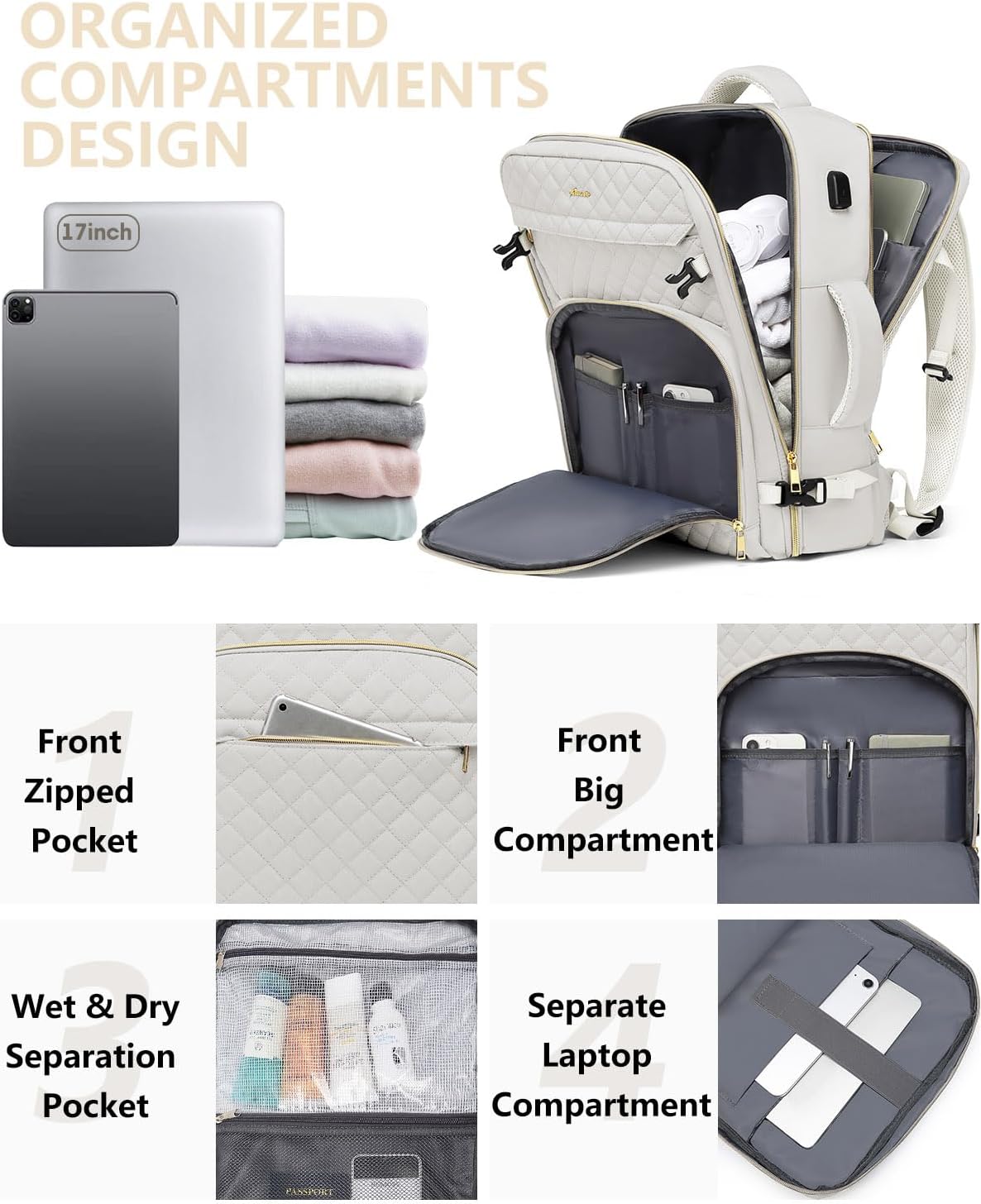 Carry On Women Travel Backpack: TSA Flight Approved Personal Item Backpacks Large 40L Waterproof Luggage Suitcase Backpack Fit 17 Inch Laptop Weekender Overnight Traveling Bag with USB Charge Beige