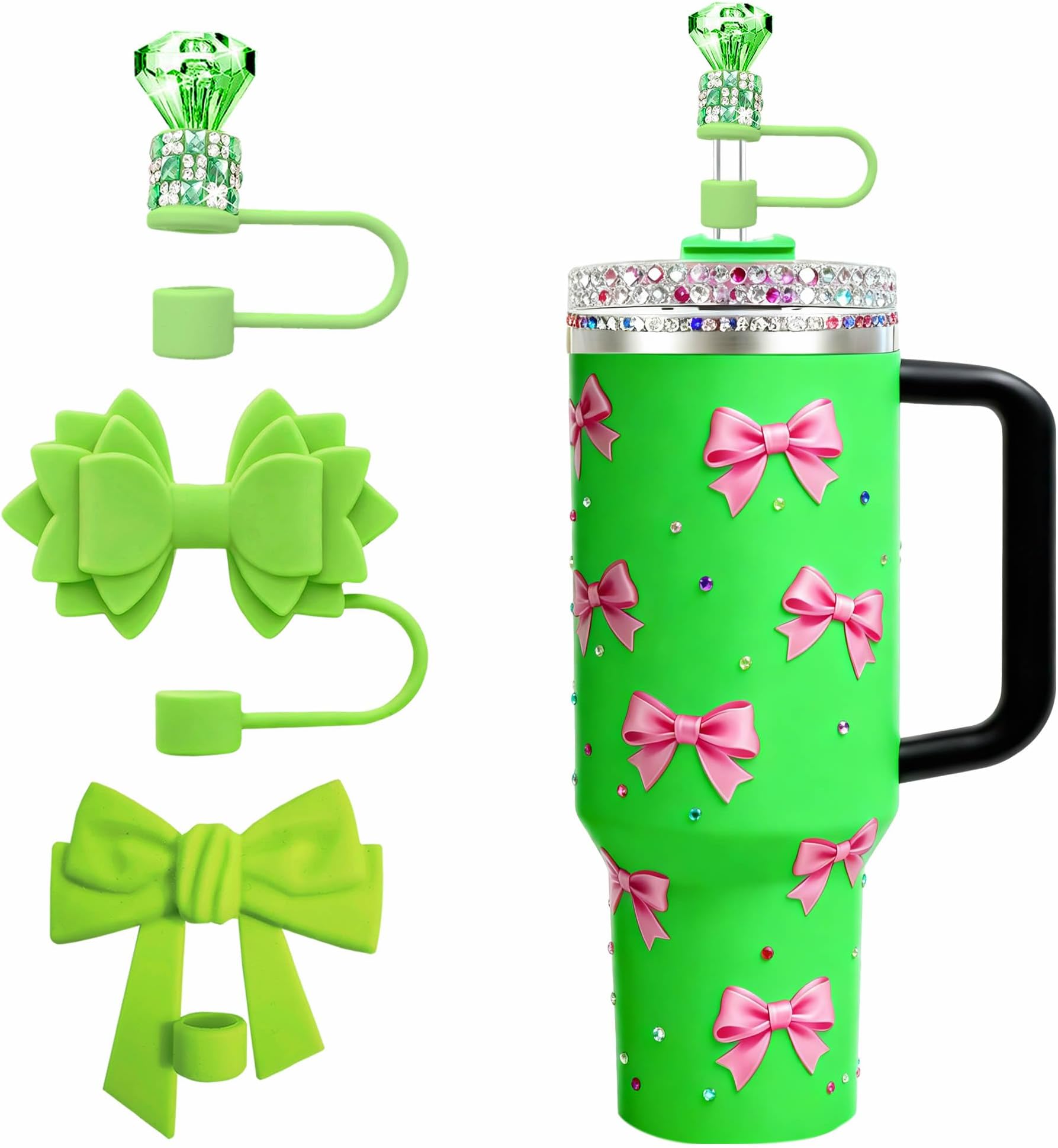 3 Pcs Straw Toppers for Stanley Cup 30 40 oz, Diamond Bow Straw Covers Set, Cute Silicone Accessories for 0.4in/10mm Straws, Dustproof Spill Proof Reusable Tumbler Charms Decorations (Green)