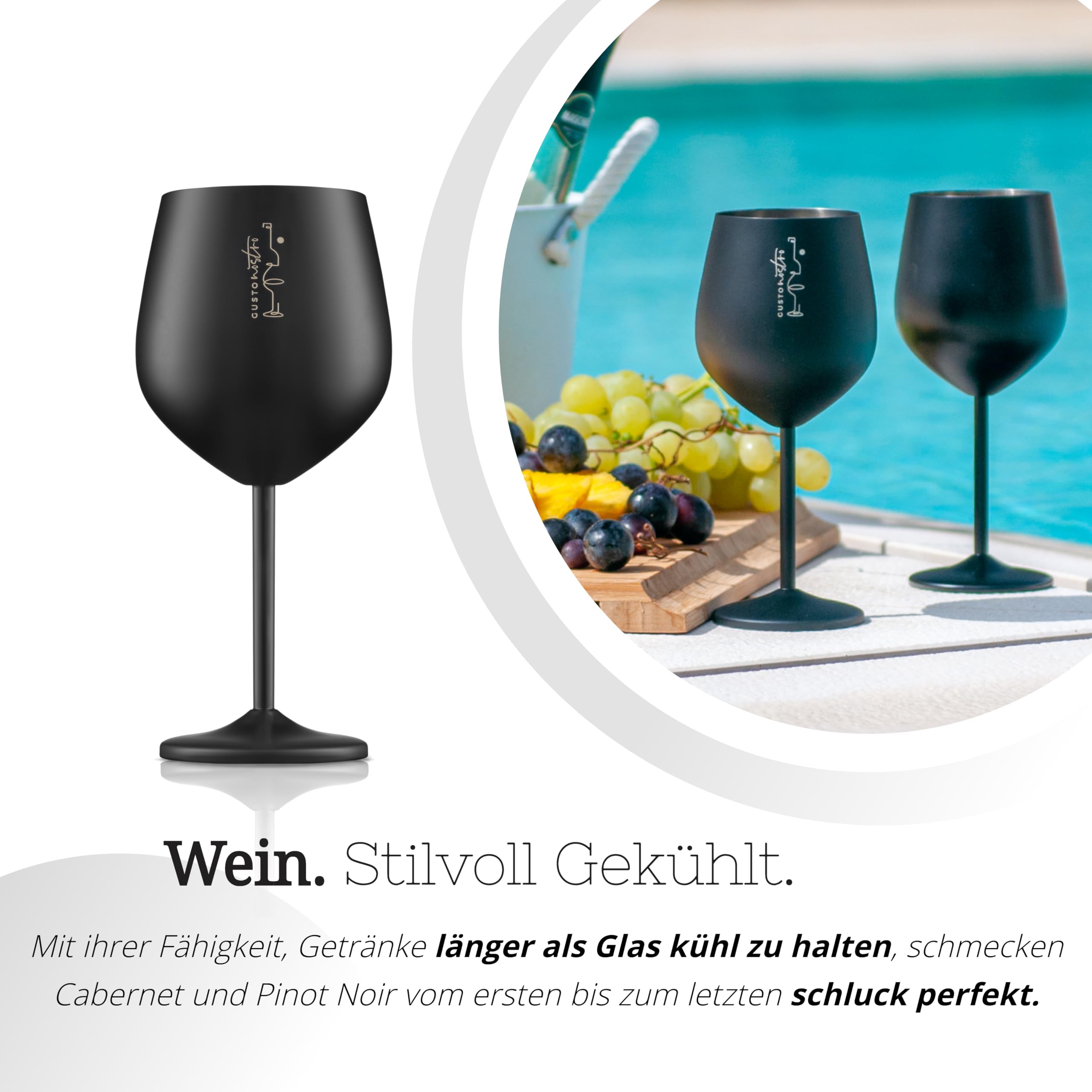 Gusto Nostro Weingläser mit Stiel aus Edelstahl - Unzerbrechliche Kelche mit 540 ml - Elegantes Trinkgeschirr in Schwarz für Champagner und Cocktails (4er Pack)