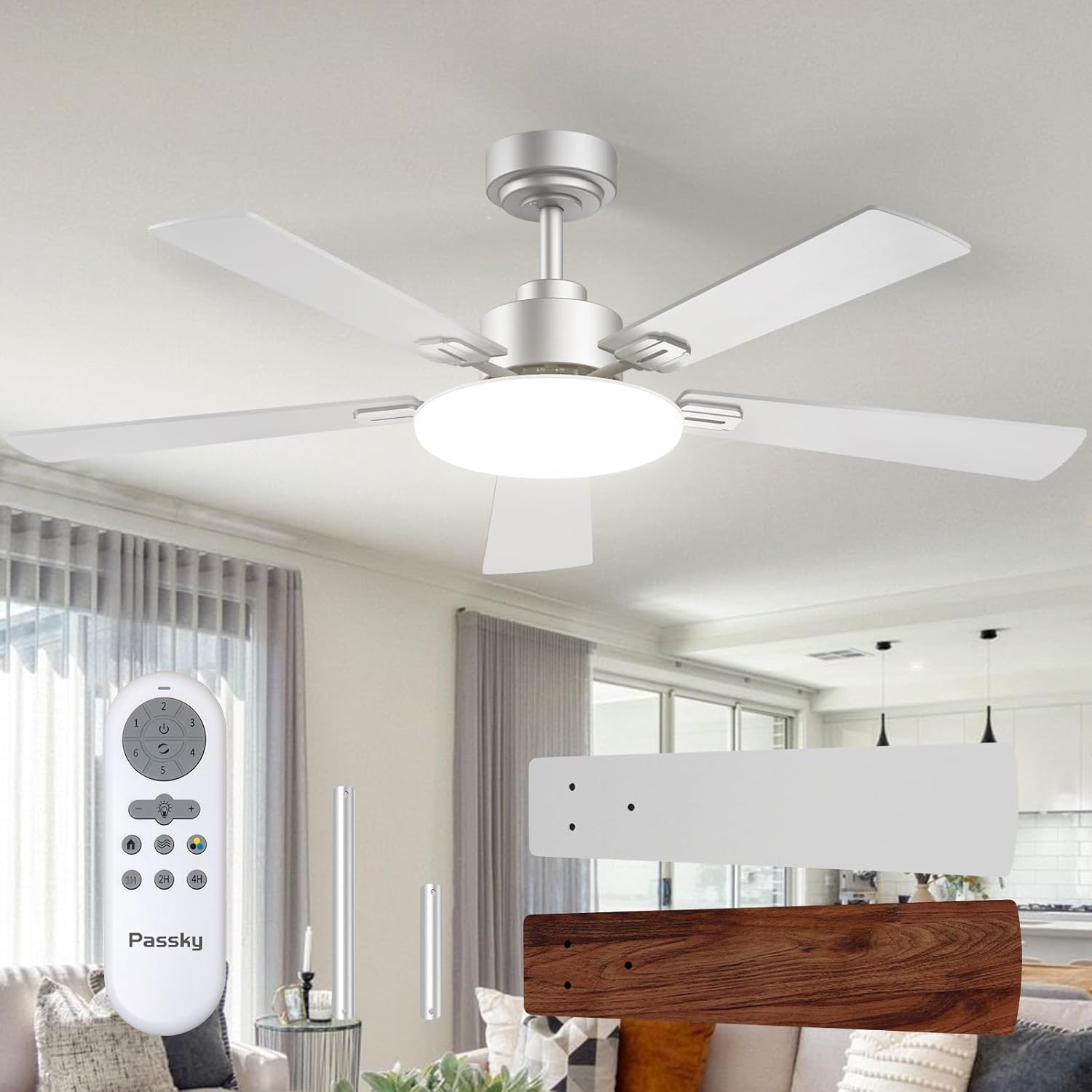 Passky Ceiling Fans with Lights, 52 inch Sleek Ceiling Fan with Light and Remote Control, 3CCT, Dimmable, Reversible, Noiseless, Silver Ceiling Fan for Bedroom, Living Room