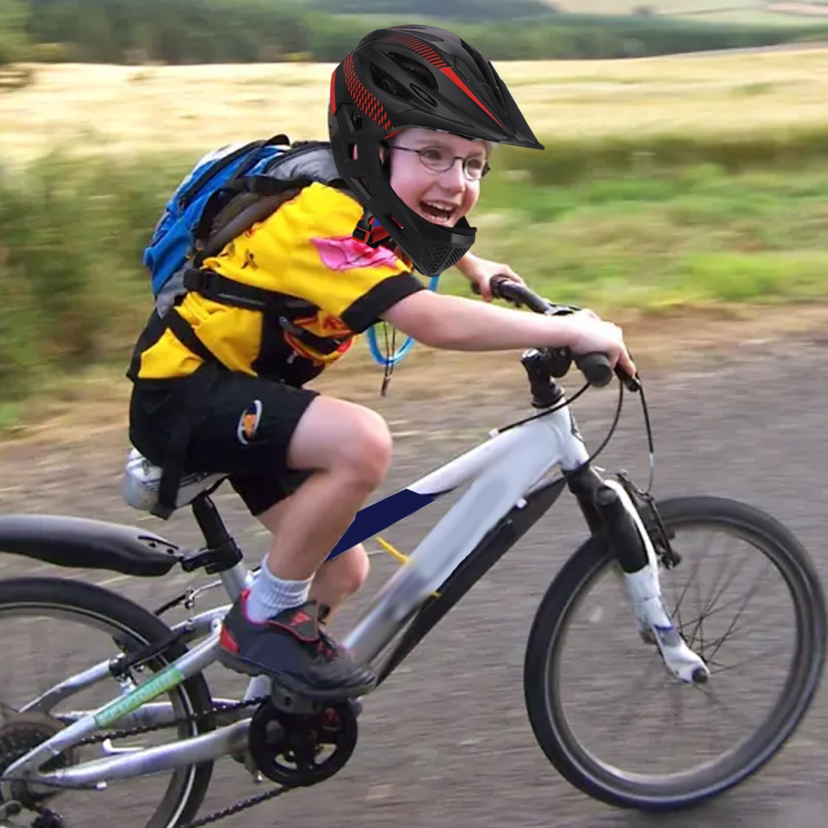 Casco de Bicicleta de Cara Completa, Casco de Bicicleta de montaña, niños Ajustables de Cara Completa con protección de múltiples Capas, absorción Transpirable y de Choque para al Aire Libre, niños