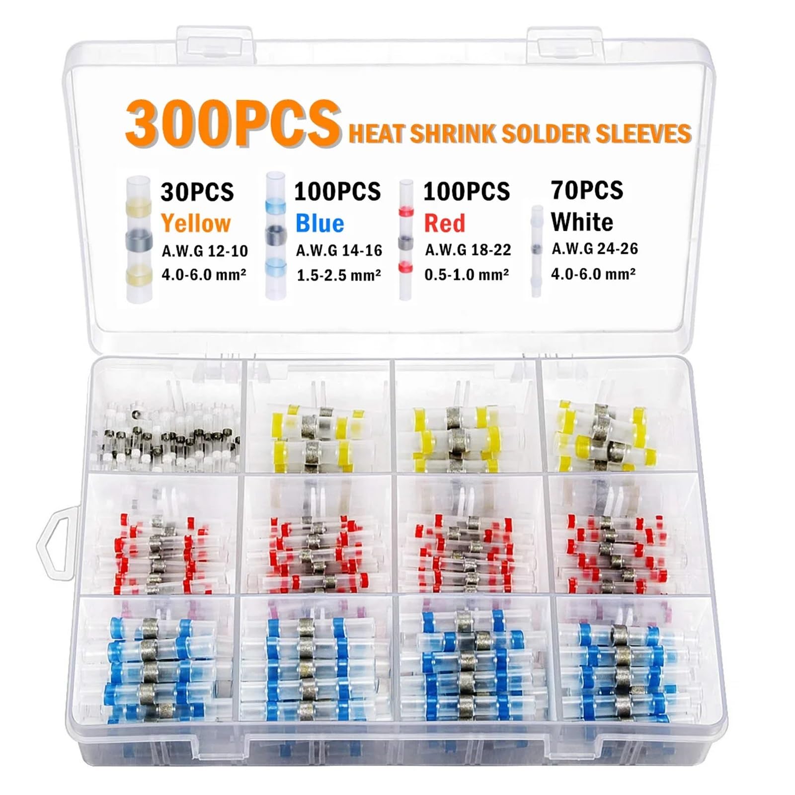 Kit de 300 conectores de cable eléctrico termorretráctiles con aislamiento surtido, terminales de empalme con manguito de soldadura, AWG10-26