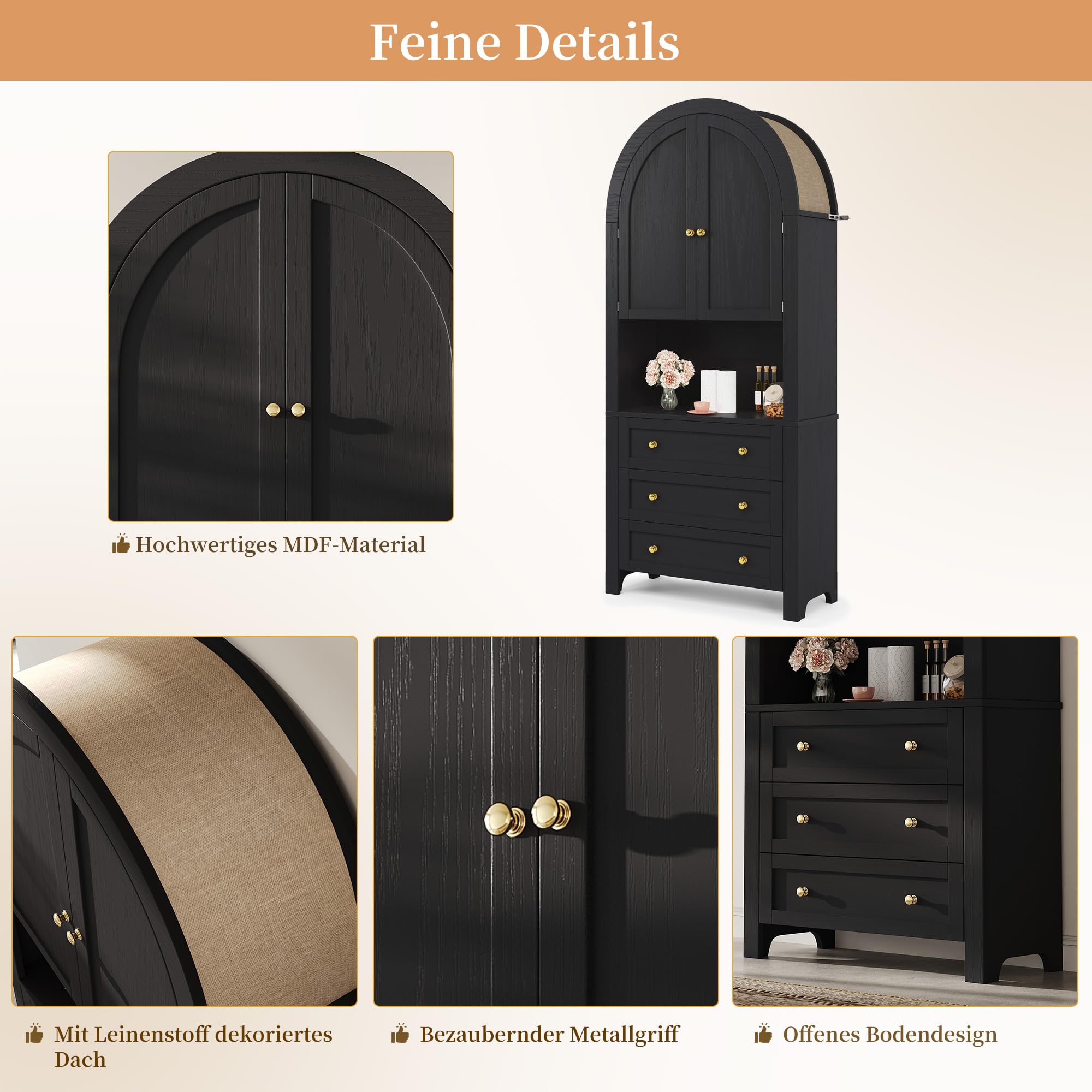 Merax Armario alto de 180 cm, armario multiusos con 2 puertas, 3 cajones, armario de almacenamiento abierto, armario de vitrina para salón, oficina, cocina, armario de cocina de arco alto, color negro
