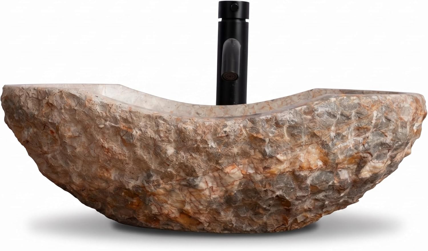 Golden Gray Marble Vessel Sink, Hand-Carved Canoe-Shaped Bathroom Sink in Solid Natural Marble, Beige with Gold & Gray Earth Tone Veins – Modern Rustic Countertop Sink