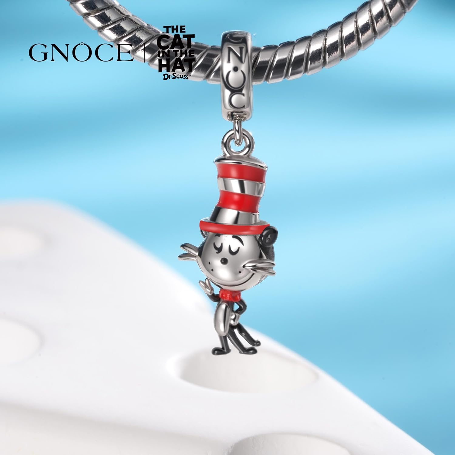 GNOCE The Cat in the Hat Popcat Pendant Dangle Charm Bracelet for Women, S925 Sterling Silver Dangle Charms for Women Wife, Valentine‘s Day, Mother’s Day Jewelry