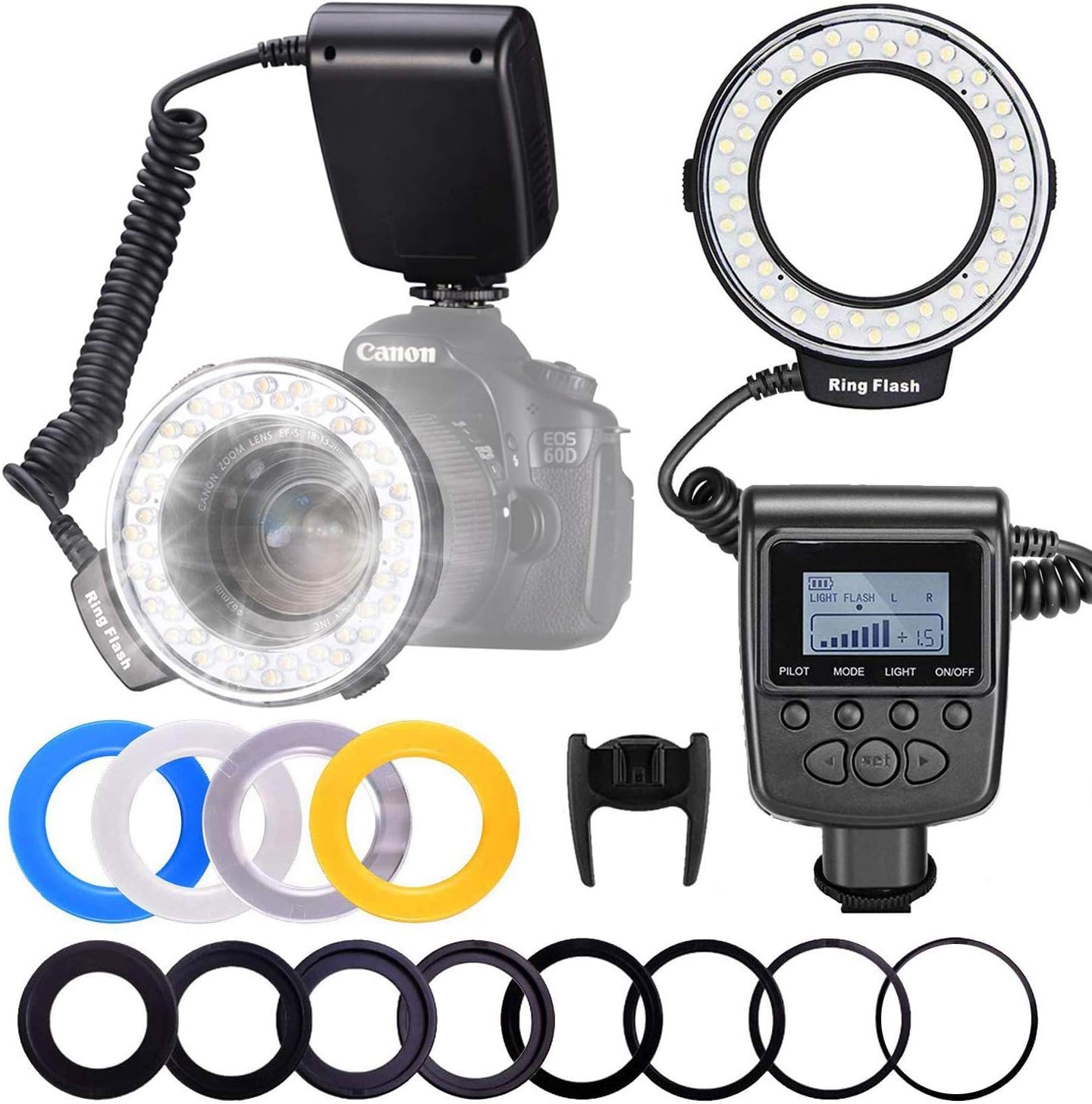 Ring Flash, Macro LED Flash Light with LCD Display Adapter Rings and Flash Diffusers for Nikon Canon and Other DSLR Cameras (8 adapters)