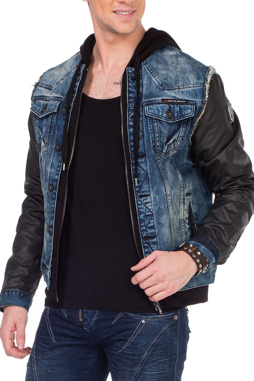 Cipo & Baxx Chaqueta vaquera para hombre, chaqueta de entretiempo, capucha de diseño, manga de piel sintética, chaqueta vaquera con capucha