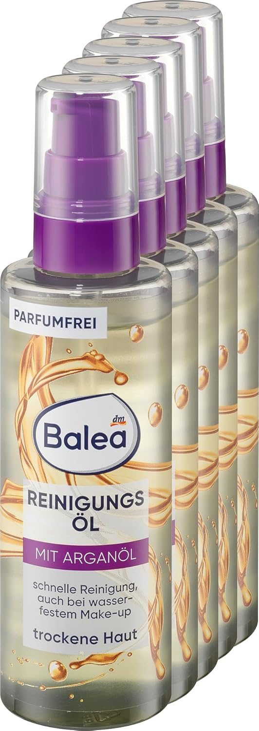 Balea Reinigingsolie, 500 ml (5x 100 ml) – Reinigt mild het gezicht, de ogen en de lippen – Zonder parfum en met arganolie