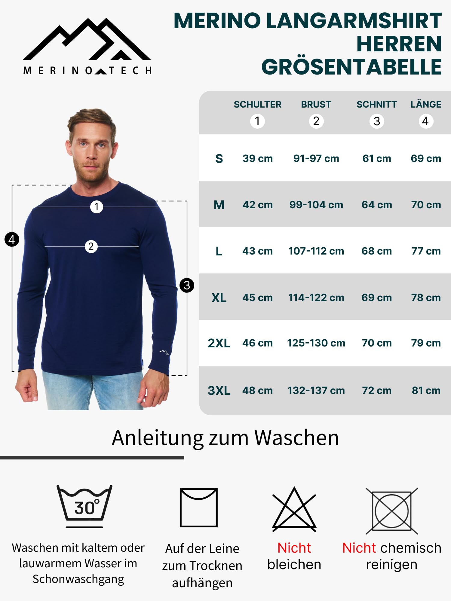 Merino Langarmshirt Herren Atmungsaktiv Feuchtigkeitsableitend Wollsocken