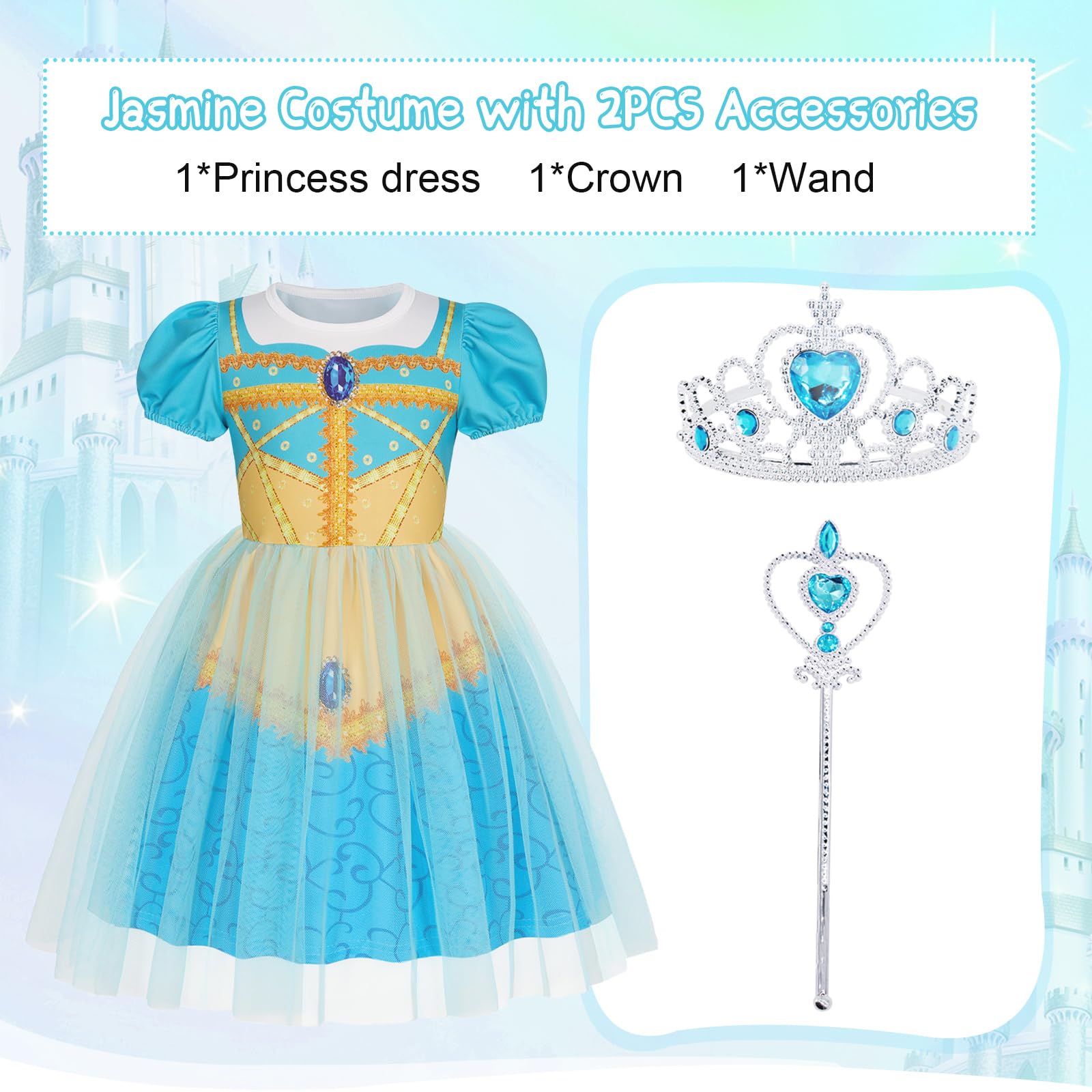 Berich 3D Print Dress Princess Costumes for Girls Dress up Birthday Party Outfits Halloween Christmas Gifts World Book Day Costumes for Girls 4-5 Years(Turquoise,120) - Image 3