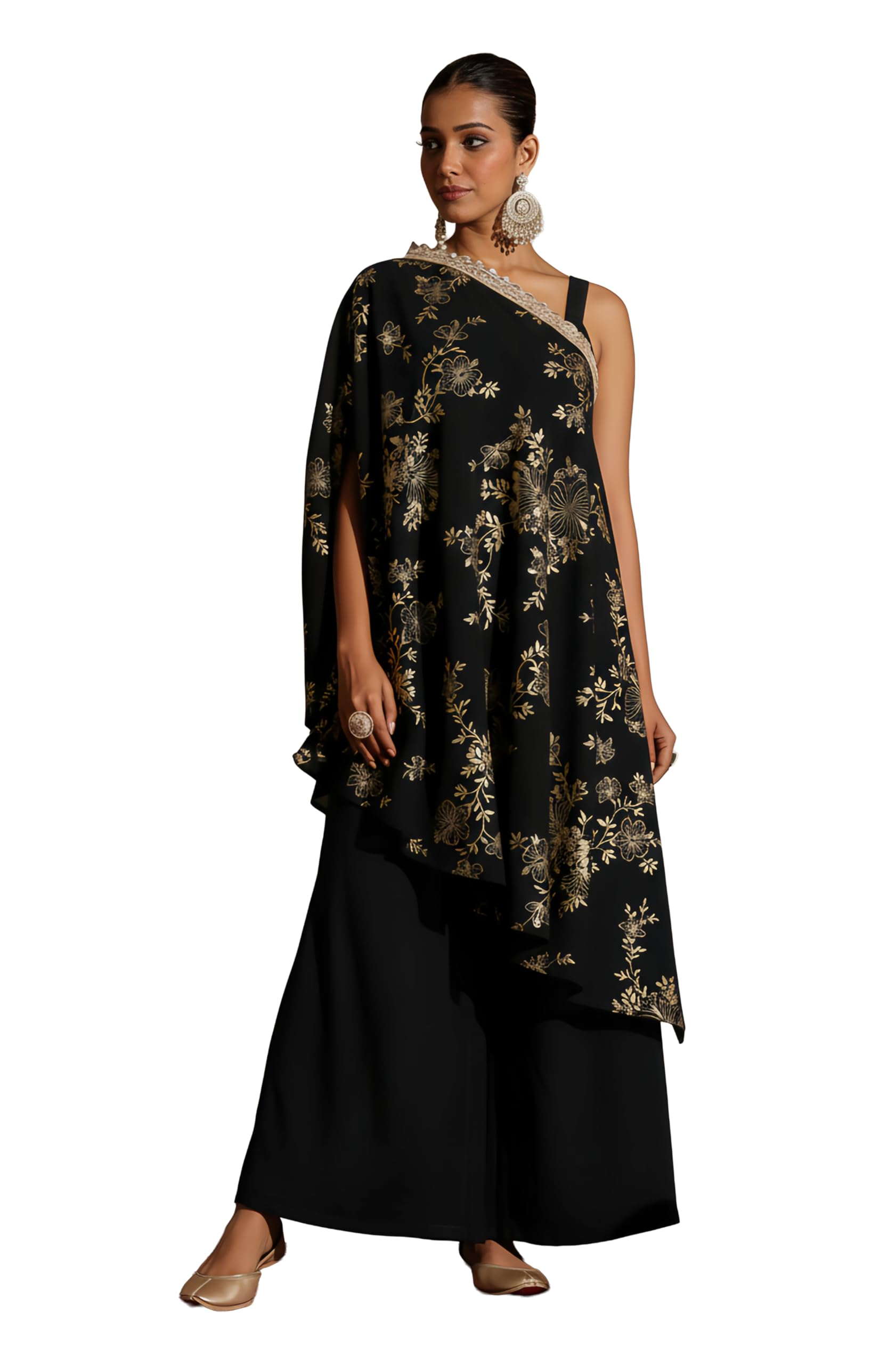 janasya Women's Black Embellished Foil Printed Top With Pant And Cape Set-picture-39