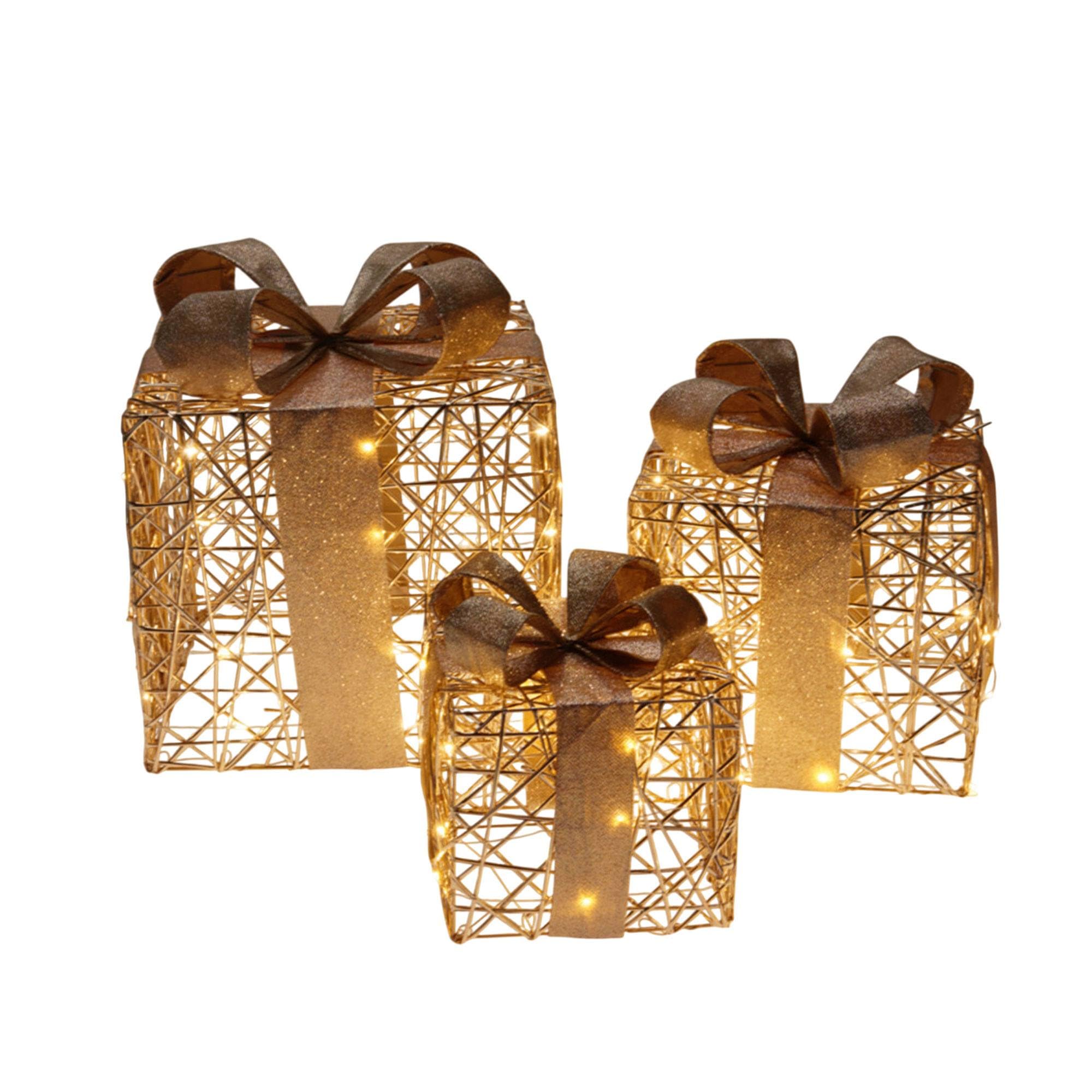 Boîtes Cadeau décoratives à LED de couleur or champagne en lot de 3 tailles assorties