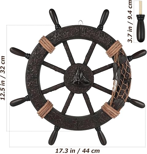 Miniatura 2 de VOSAREA Decoración de rueda náutica, volante de barco rústico, red de pesca, escultura de pared, timón, adorno para colgar, adorno náutico para