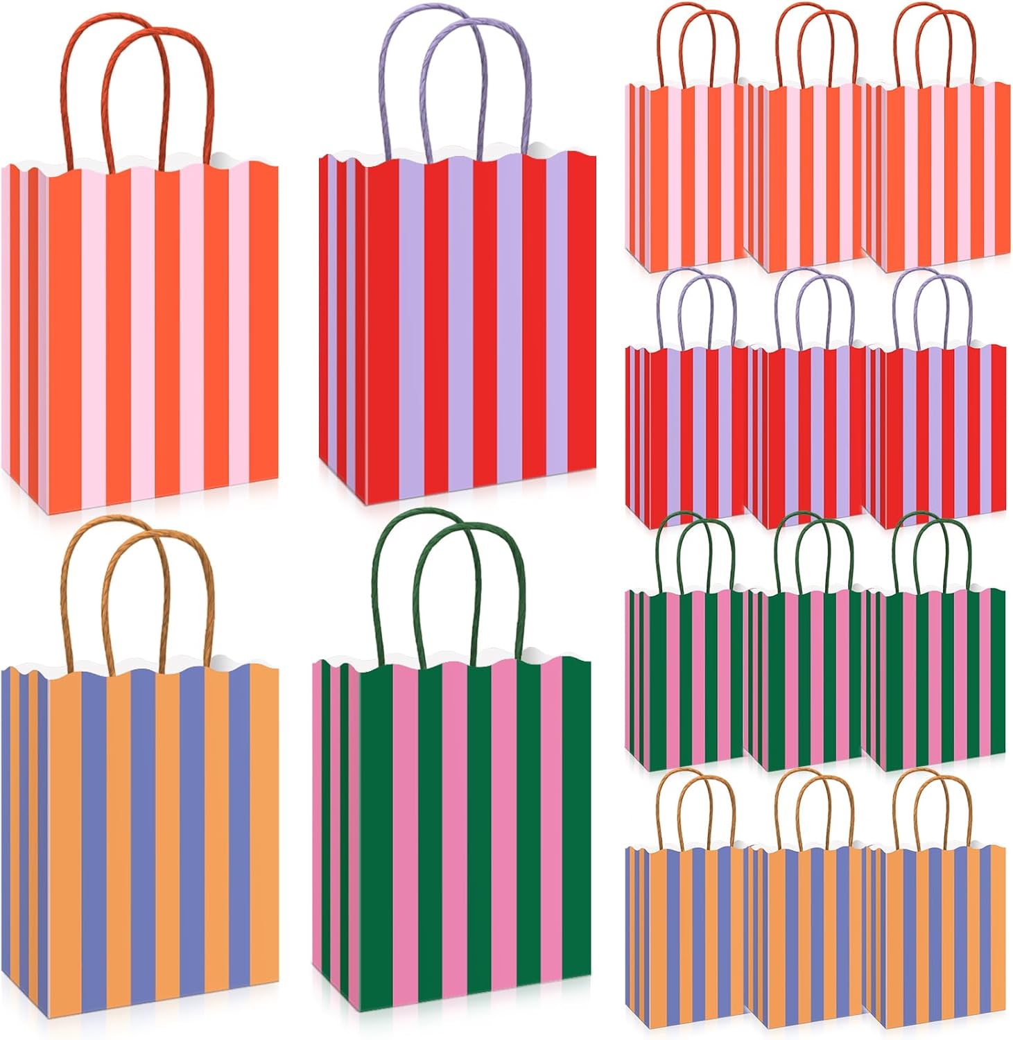 Gueevin 24 Pcs Colorful Stripe Paper Gift Bags with Handles Pastel Stripe Treat Bags Summer Scalloped Goodie Candy Bag for Beach Pool Birthday Party Favors Supplies