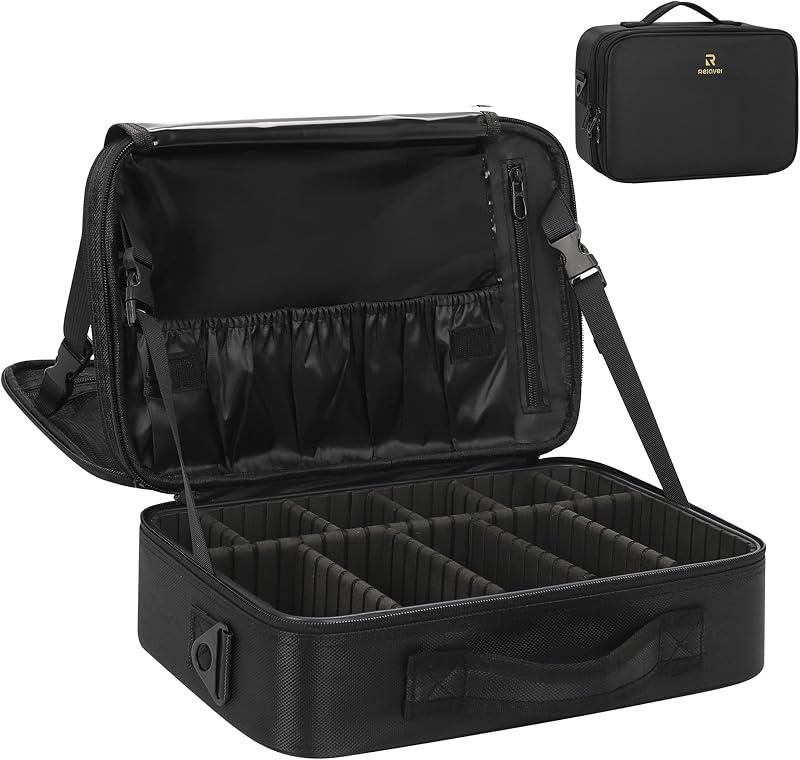 Makeup Bag Travel Makeup Train Case Large Cosmetic Case Professional Portable Makeup Brush Holder Organizer and Storage with Adjustable Dividers and Shoulder Strap Black