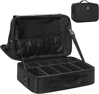 Makeup Bag Travel Makeup Train Case Large Cosmetic Case Professional Portable Makeup Brush Holder Organizer and Storage with Adjustable Dividers and Shoulder Strap Black