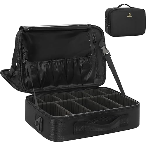 Relavel Makeup Bag Travel Makeup Train Case Large Cosmetic Case Professional Portable Makeup Brush Holder Organizer and Storage with Adjustable Dividers and Shoulder Strap Black