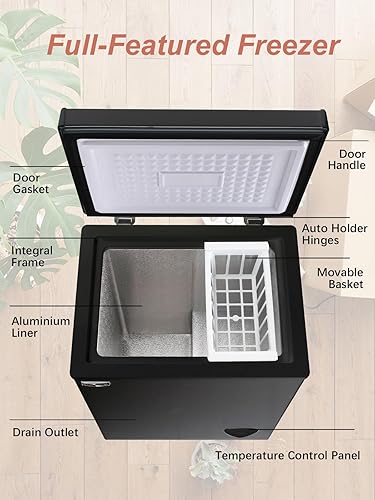 Miniatura 6 de WANAI - Congelador de pecho pequeño y profundo, 3.5 pies cúbicos, mini congelador de puerta superior de pie negro, 7 termostatos ajustables y cesta