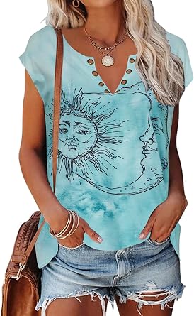 Zyyfly Womens Cap Sleeve Tank Tops V Neck Graphic Summer Shirts Loose Fit