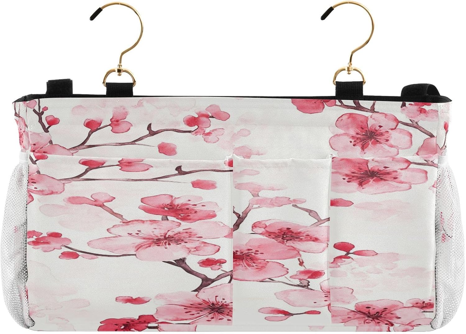 Watercolor Cherry Blossom Pattern Bedside Storage Hanging Bag, Hanging Storage Basket, Suitable for Storing Cell Phones, Water Bottles, Books