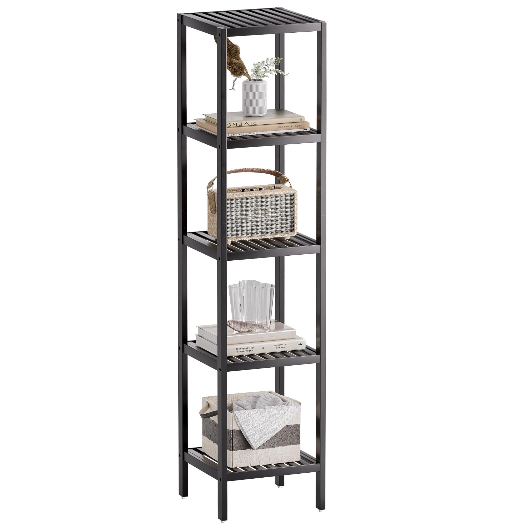 SMIBUY Bathroom Storage Shelf, 5-Tier Bamboo Rack Organizer, Multifunctional Shelving Unit for Living Room Bedroom Kitchen (Black) โ image 1