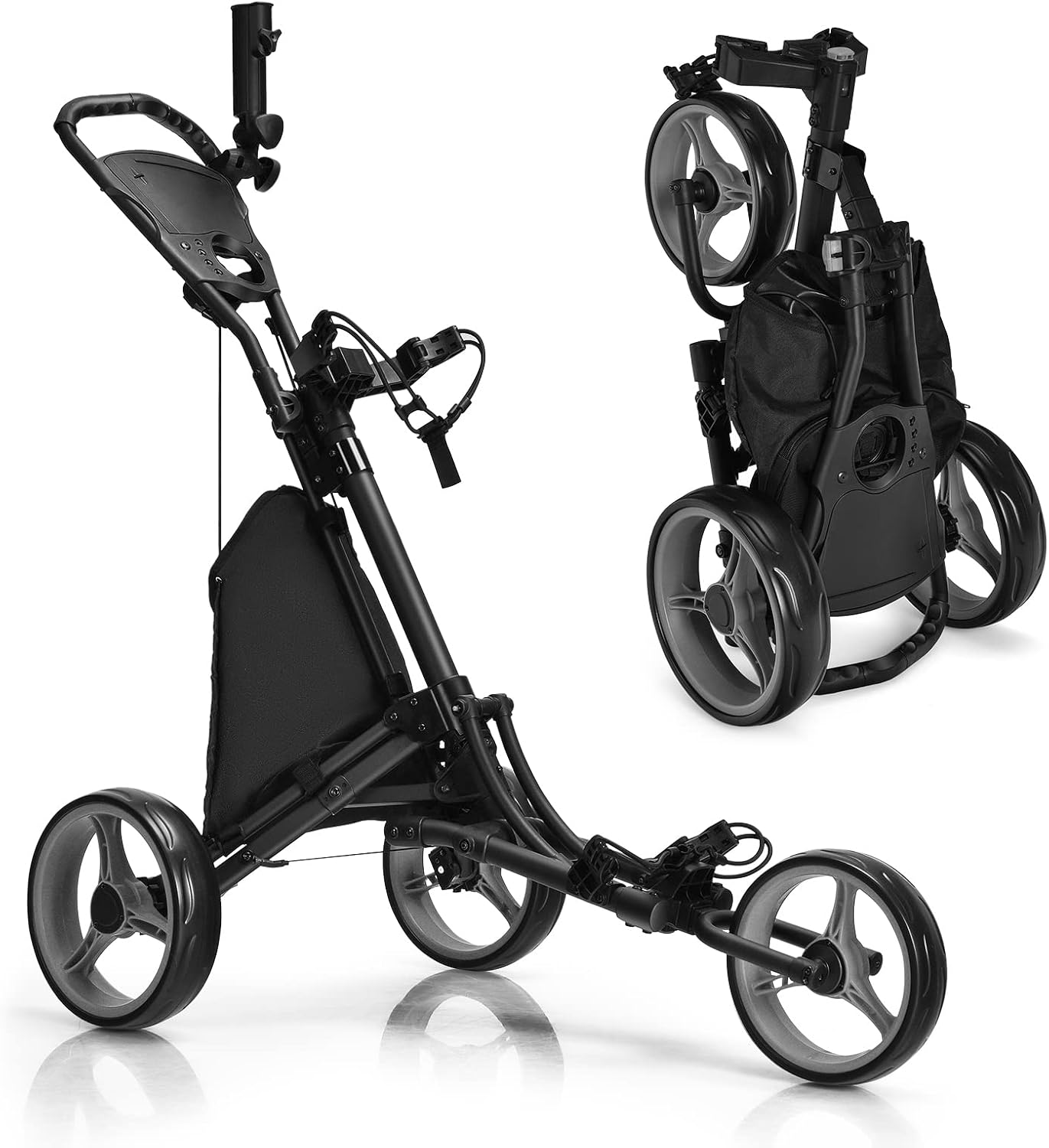 DORTALA 3 Wheel Golf Push Cart, Quick Folding Golf Walking Push Cart, Golf Bag Holder w/Tin Foil Coated Storage Bag, Elastic Strap, Golf Cart for Golf Clubs