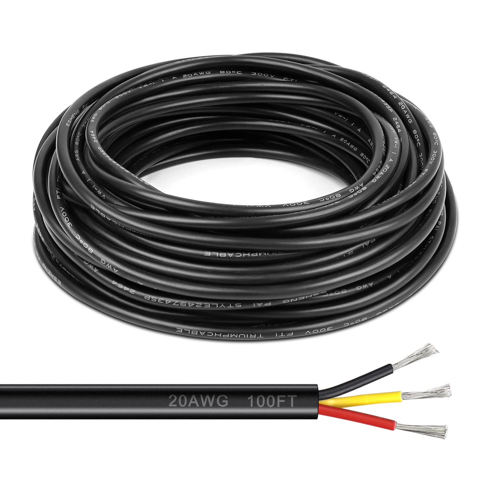 20 Gauge Electrical Wire 3 Conductor, 100FT Black PVC Case Stranded Low Voltage LED Cable, 20 AWG 3Pin Tinned Copper Hookup Wire, Flexible Extension Power Cord for LED Lamp Lighting Strips Automotive