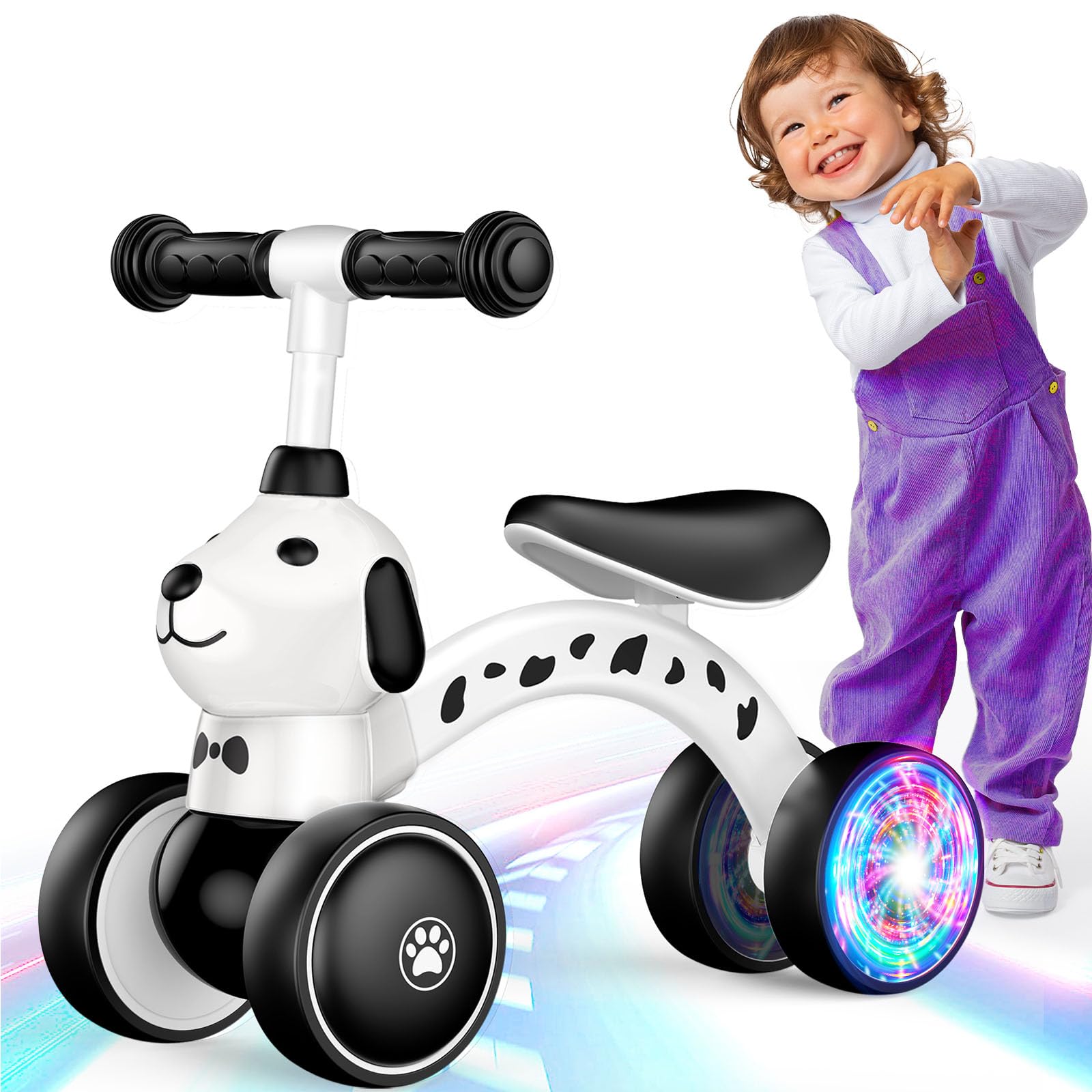 Balance Bike Tricycles Toys for 1 2 Year Old Baby, Colorful Lighting Toddler Bike, First Birthday Gifts for 1 2 Year Old Boys Girls, 4 Silent Wheels Riding Toys for 10-30 Months (Spotty Dog)