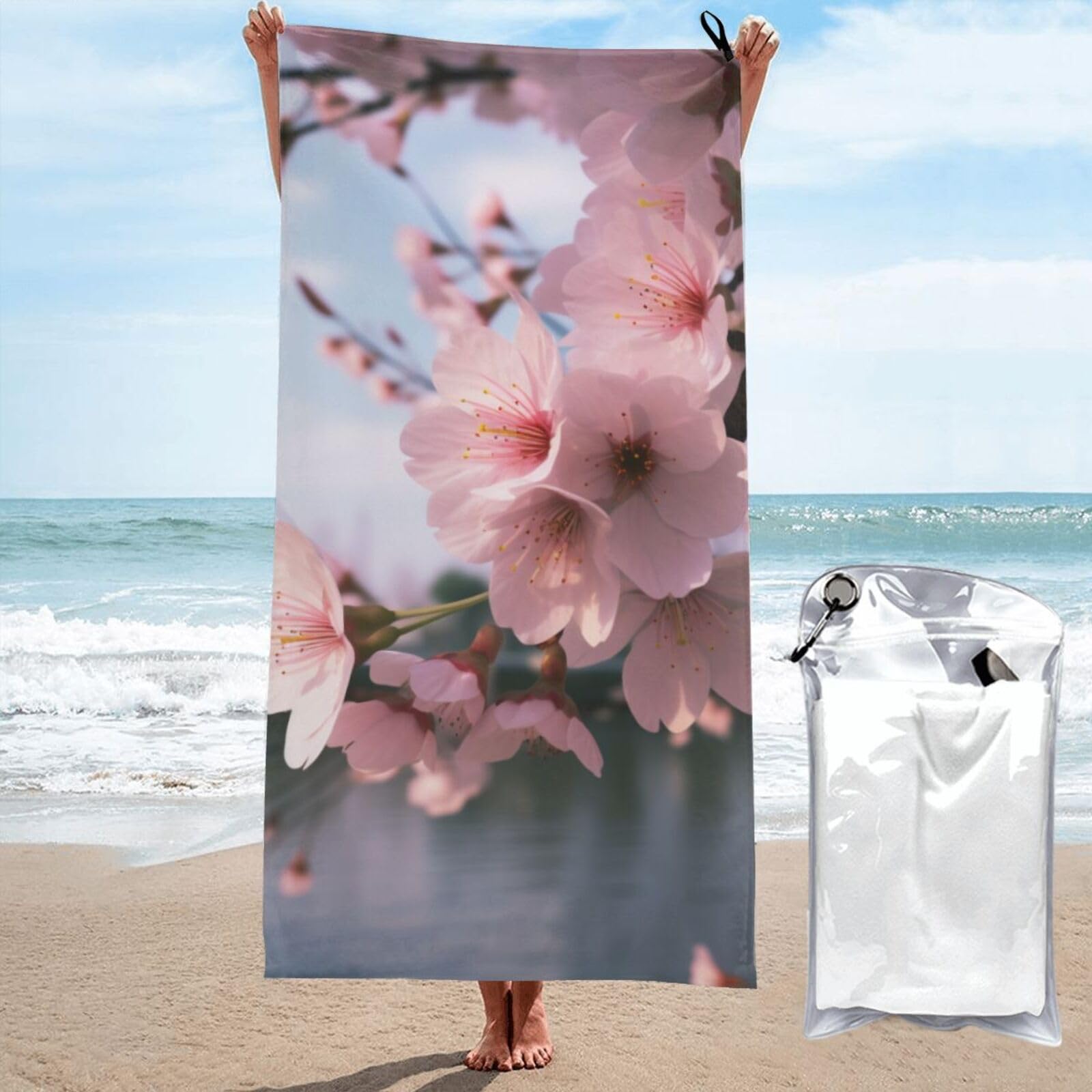 BWWHCCTI Cherry Blossoms Printed Microfiber Quick Dry Beach Towel 80x160 CM, Fast Drying Bath Towels with Bags for Travel,Camping,Gym,Beach,Swimming,Yoga