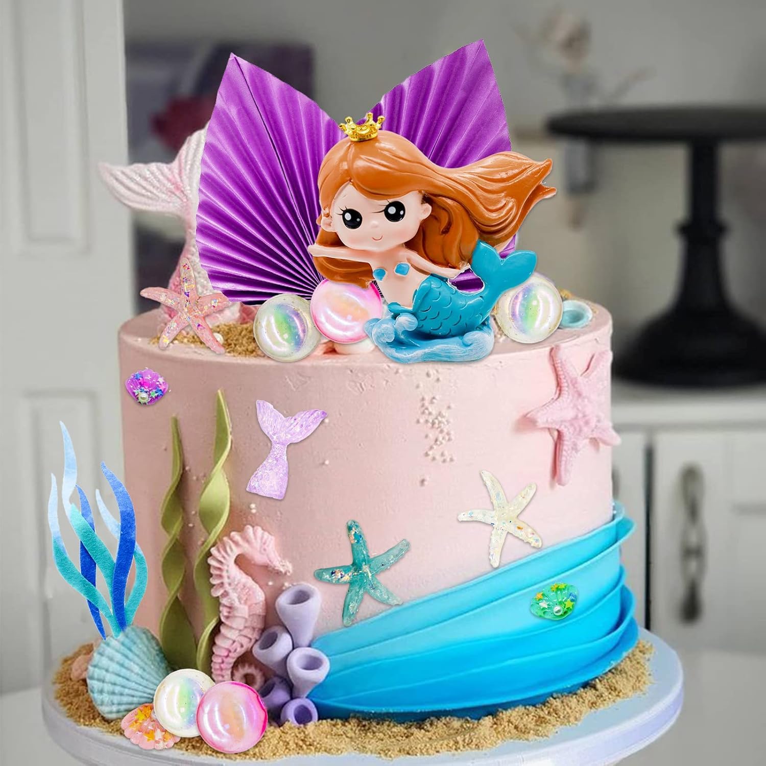 ZWLIYCHN Mermaid Cake Topper 24Pcs, Mermaid Cake Decorations with Ariel, Palm Leaves, Sea Animals & Balls - Image 4