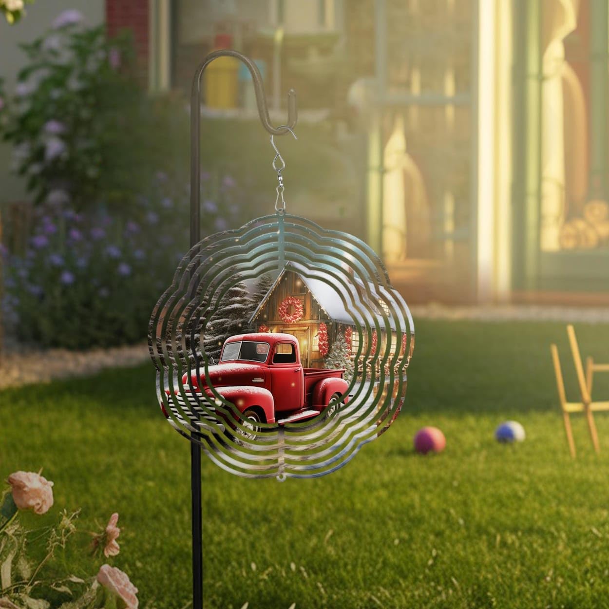 Red Truck with Farmhouse Christmas Wind Spinners 3D Stainless Steel Laser Cut Metal Double Sided Printing-Hanging Indoor/Outdoor Decorations Yard Gardening Decor,Metal Kinetic Art 14x14 inches