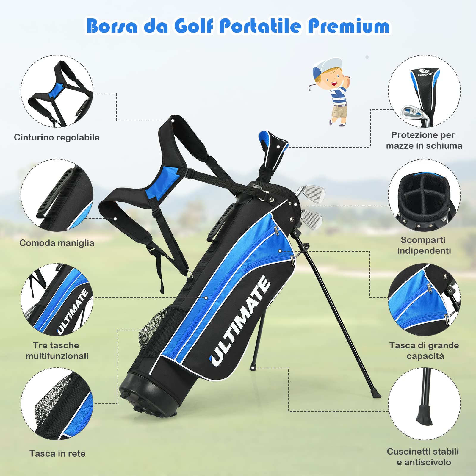 COSTWAY Set di Mazze da Golf per Bambini 8-10 Anni, con Legno da Fairway 3, Ferri 7 e 9, Putter, Coprimazze, Sacca da Golf, Perfetto per Bambini e Bambine
