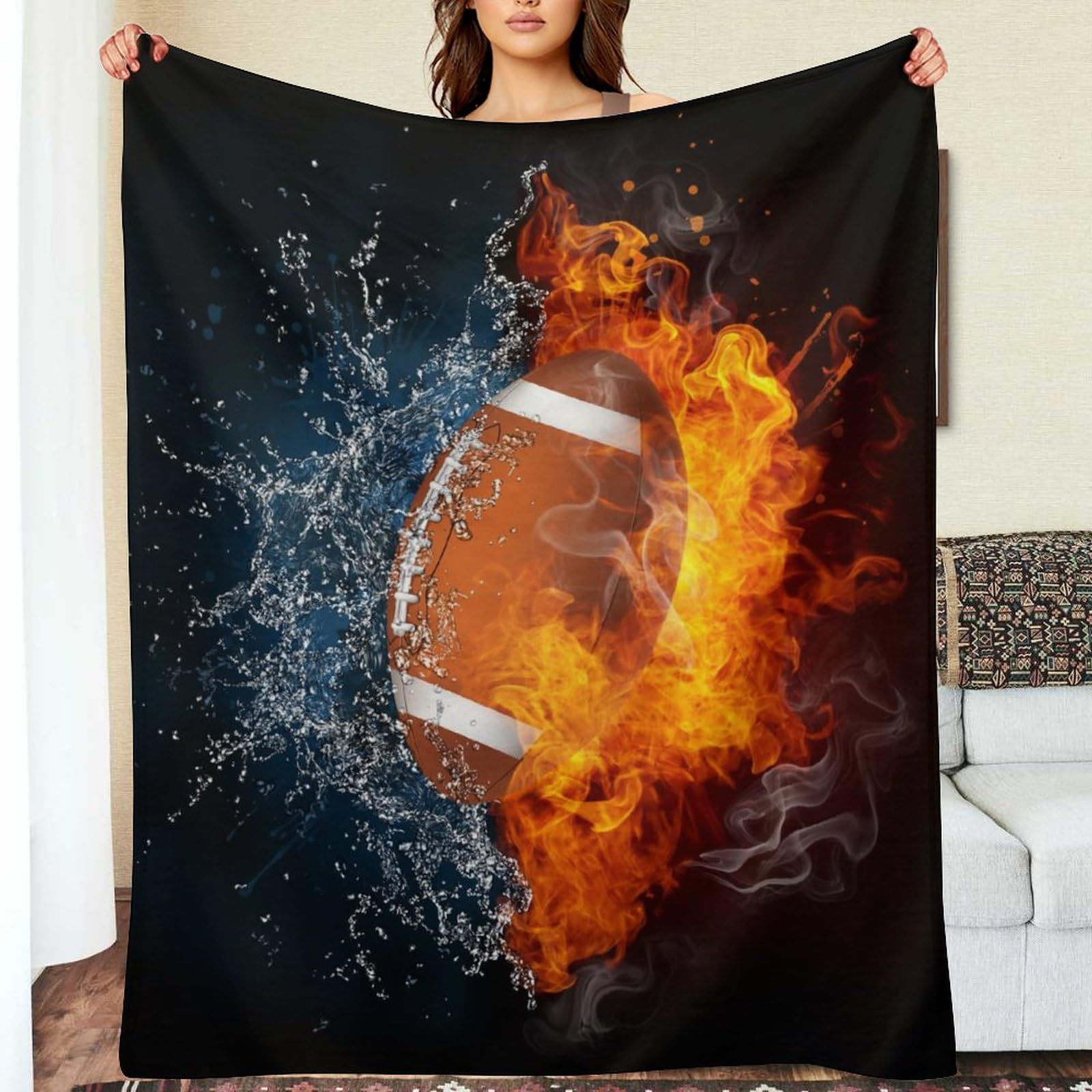 American Football Blanket 3D Print Throw Blanket White Ball in Fire and Water Soft Blankets Baseball Gifts for Kids Boys All Season Couch Bed Sofa