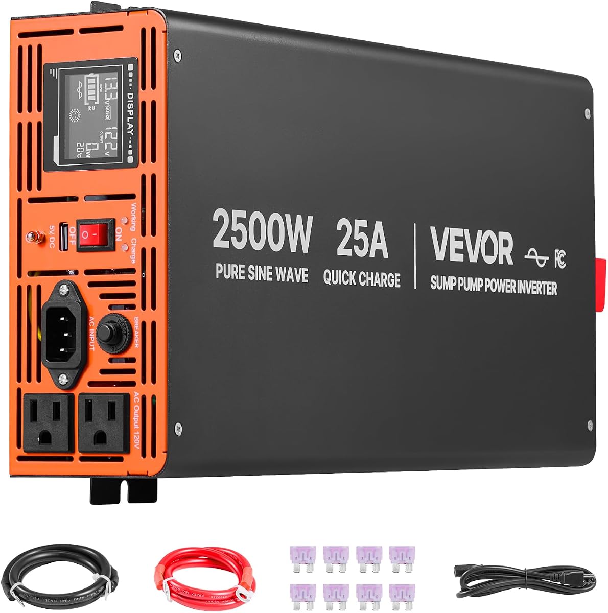 VEVOR Sistema de respaldo de batería de bomba de sumidero de 2500 W, pantalla LCD, interruptores automáticos a energía del inversor de batería para bomba de sumidero, onda sinusoidal pura, para protección de sótano, emergencia y corte de energía, batería no incluida | para cortes de energía en el sótano, con onda sinusoidal pura, transferencia automática, puerto USB y salida de CA; La batería de 12 V se vende por separado.
