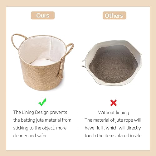 Miniatura 4 de Mkono Cesta alta de mimbre para lavandería, cesta de almacenamiento tejida decorativa de cuerda natural, decoración de cuentas de madera para