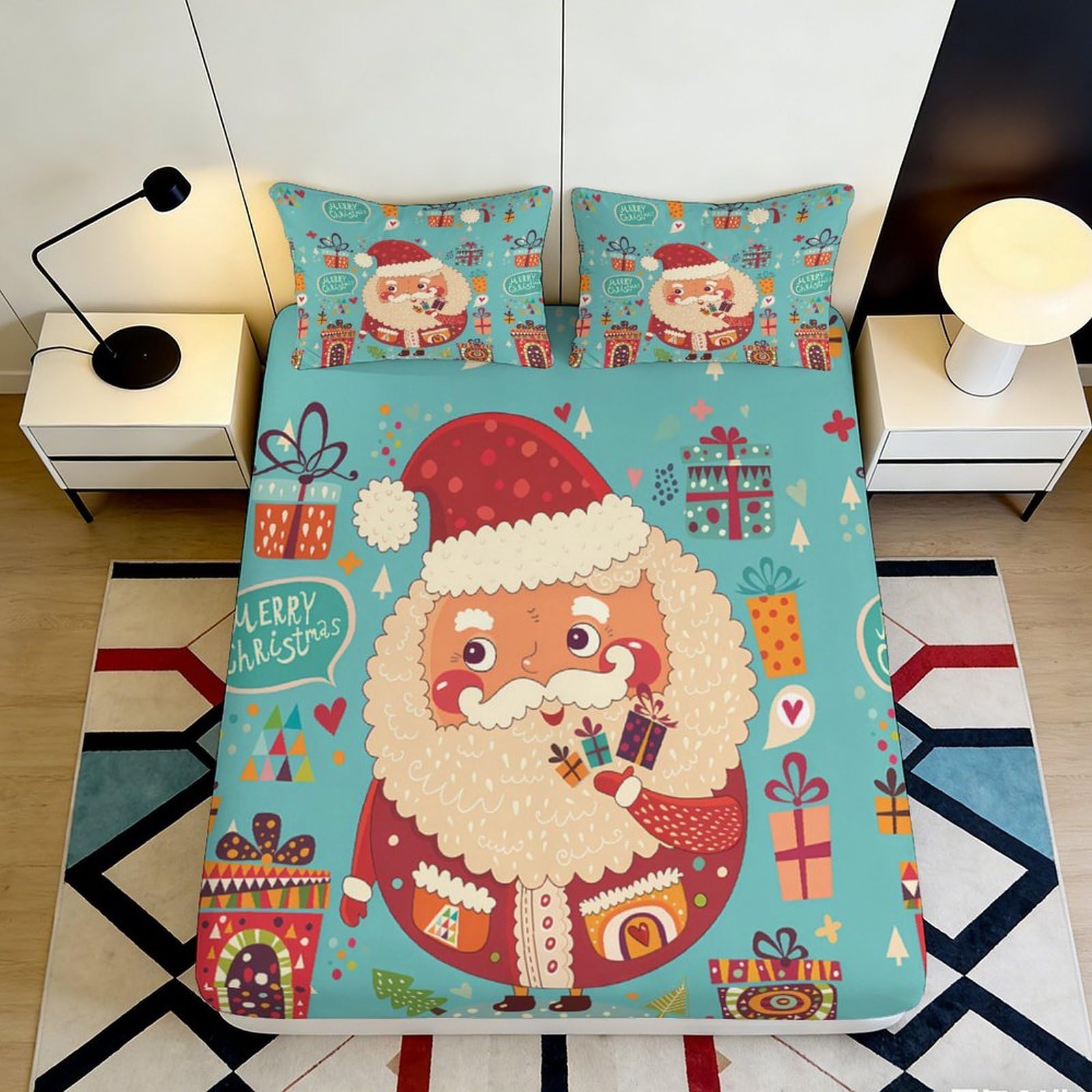 3D Printed Santa Claus Fitted Sheet Microfiber Soft Red Bed Cover for Bedroom Guest Room Decor 180x200x25cm