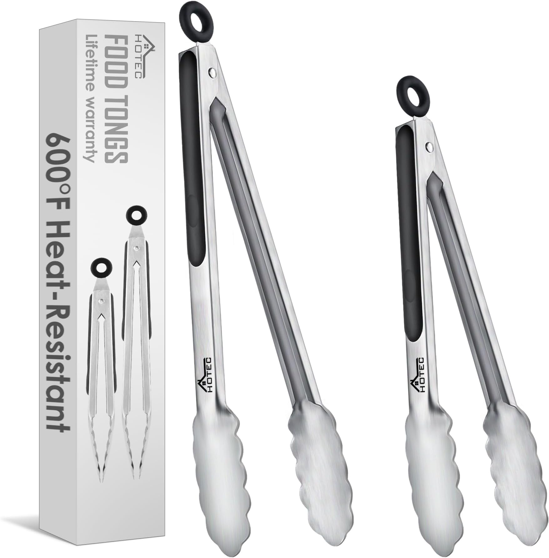 HOTEC Premium Stainless Steel Kitchen Tongs Set of 2-9" and 12",Locking Metal Food Tongs Non-Slip Silicone Grip for Cooking, Baking, Grilling, Heat Resistant