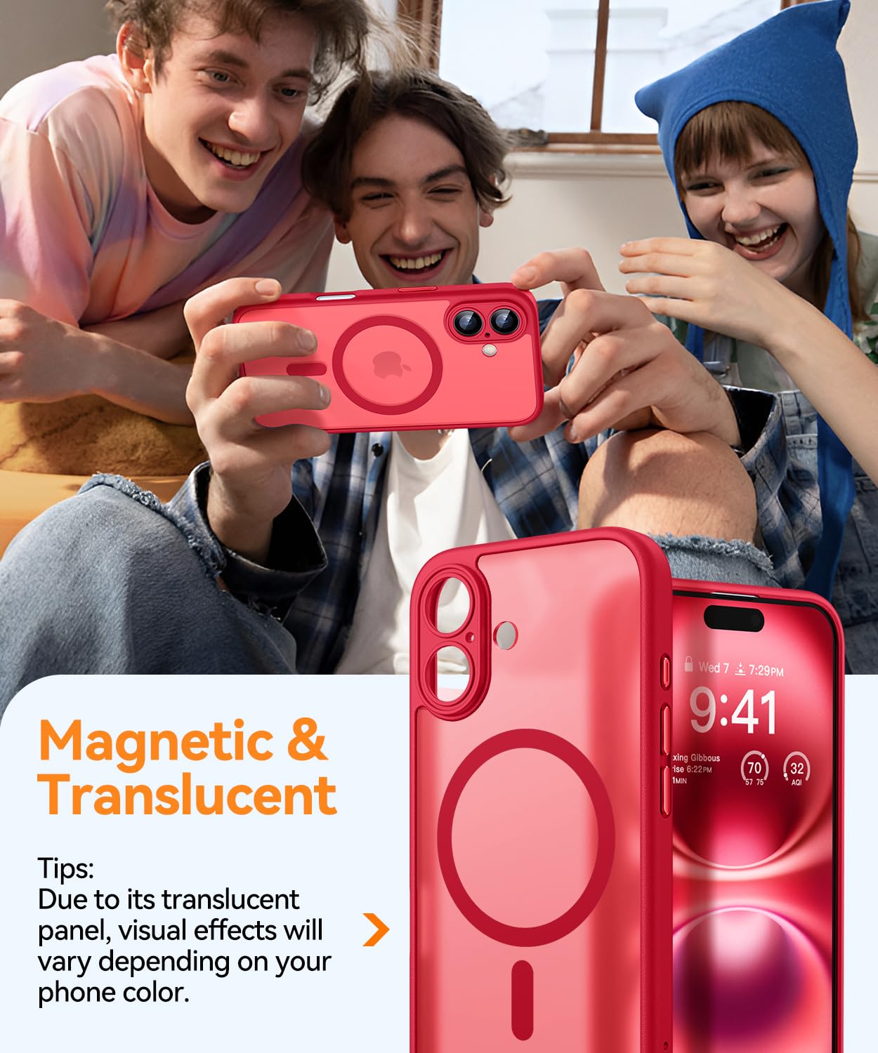 CANSHN Cover Magnetica per iPhone 16(6,1 Pollici), Compatibile con MagSafe, [Protezione Completa Della Fotocamera], Custodia Traslucida Opaca Protettiva Sottile Antiurto 6,1 Pollici, Rosso