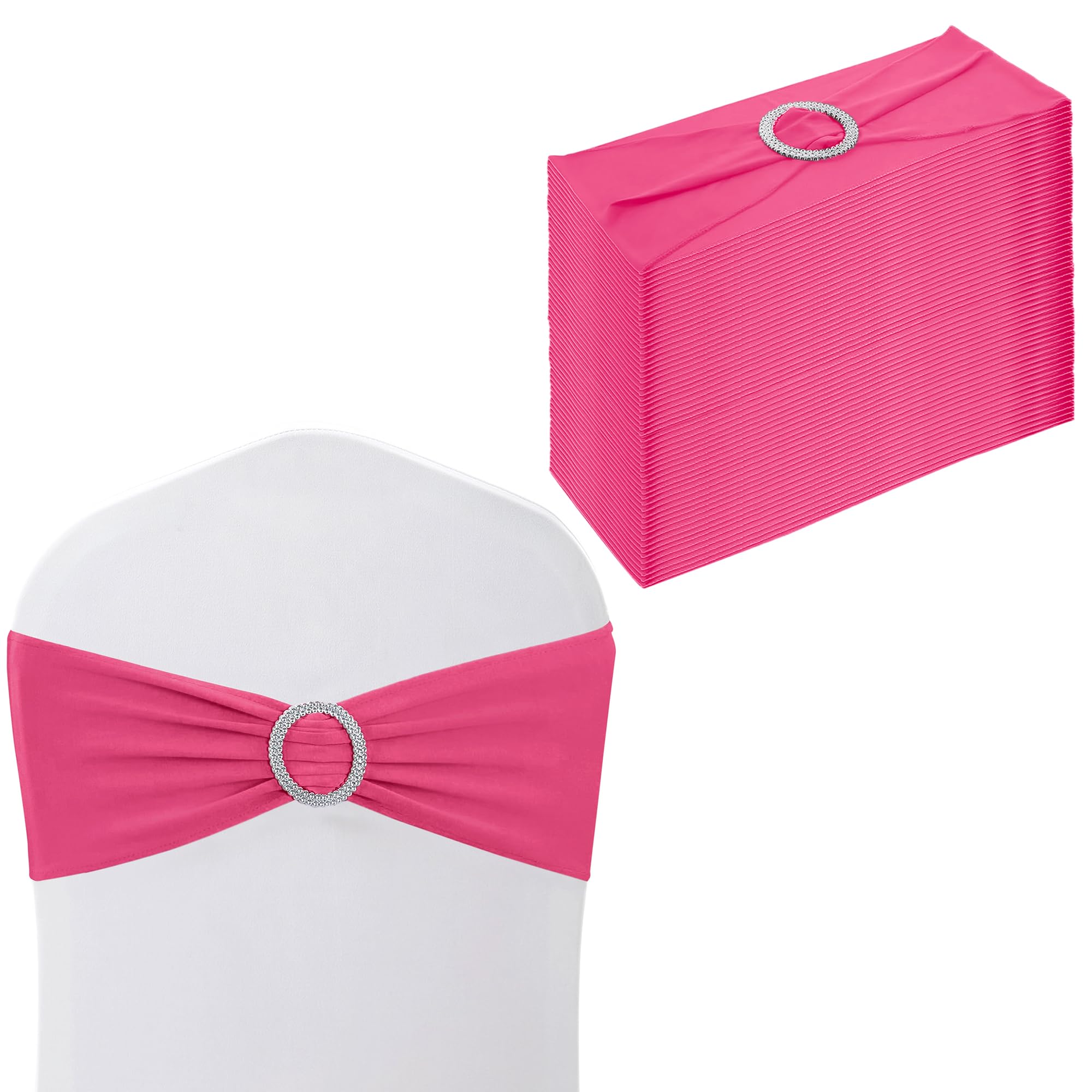WedDecor Stretch Chair Bands Plain Spandex Band with Slider Buckle for Wedding Party Chair Decoration, Events Supplies, Formal Meeting, Hot Pink, 13 x 6 Inches, 50pcs