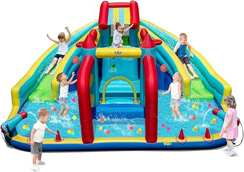 Vista 10 de BOUNTECH Tobogán acuático inflable, estilo dinosaurio, parque de toboganes dobles con casa de rebote, castillo de salto con 2 cañones de agua