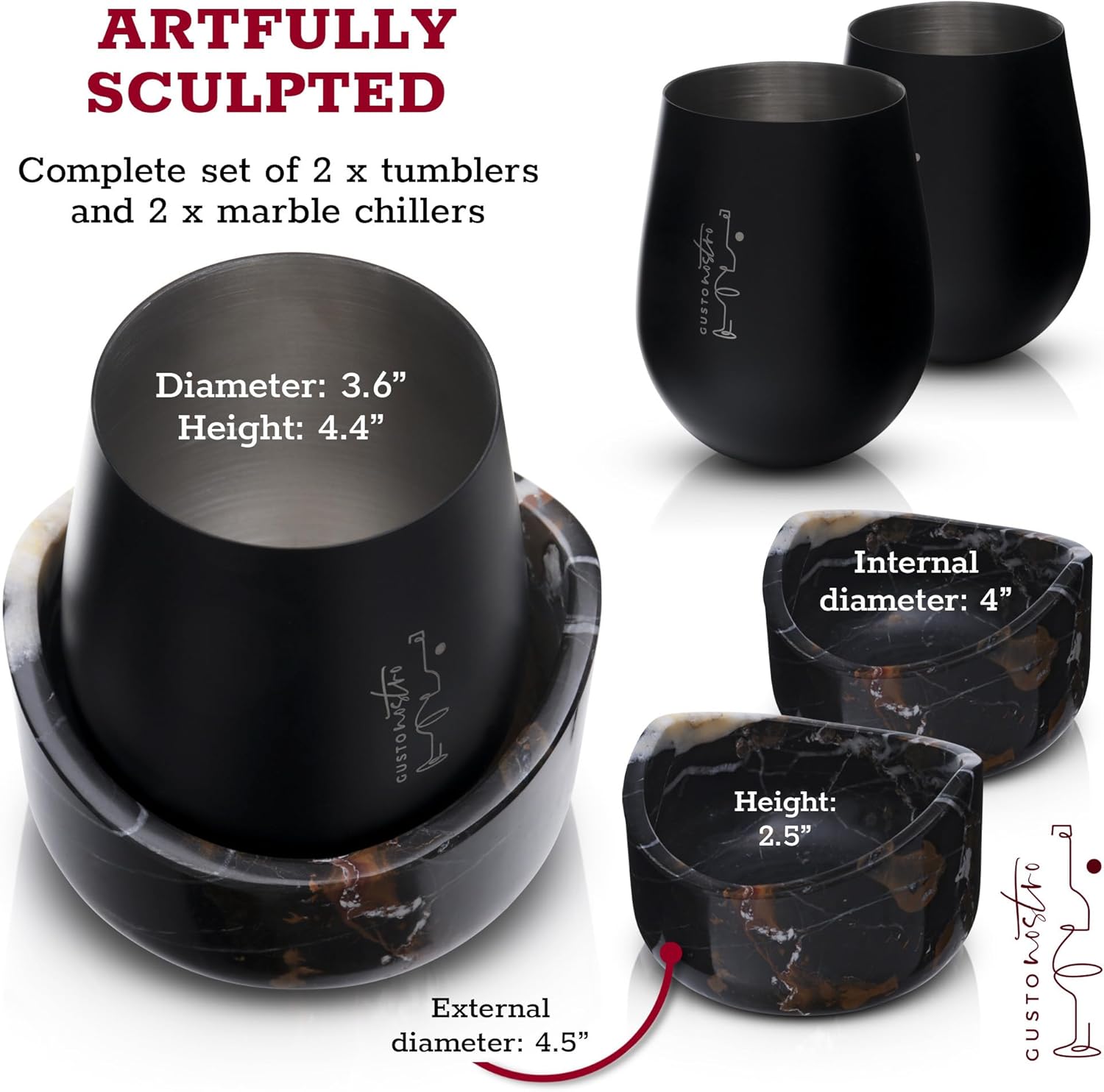 Gusto Nostro Marble Wine Chiller for Glass and Stainless Steel Tumbler Set of 2 - Wine Glass Chiller Holder for Freezer - Cool Set of Two Chillers & Stemless Wine Metal Tumblers for Home, Bar (Black) - Image 6