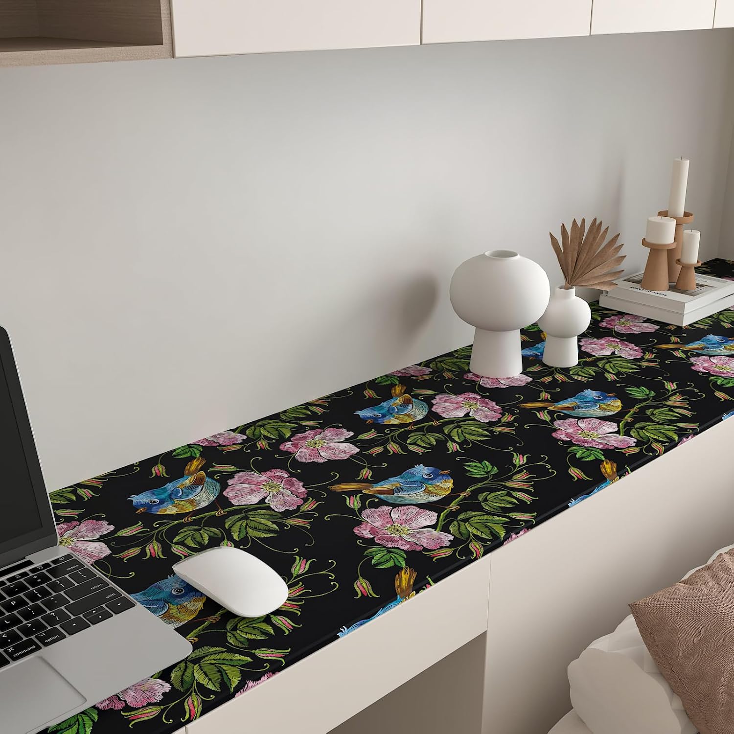 CHIHUT Peel and Stick Embroidered Bird Floral Wallpaper Black Pink Wildflower Blue Wren Print Wallpaper Waterproof Self Adhesive Removable Wallpaper for Renters Bedroom Living Room 17.7”x236”