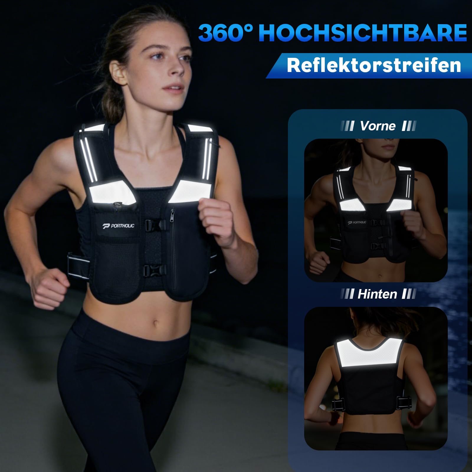 PORTHOLIC Gilet da corsa da uomo e donna, con 2 bottiglie da 500 ml, luce a LED, riflettente a 360°, impermeabile, leggero e regolabile, per jogging, trail running, trekking, maratona