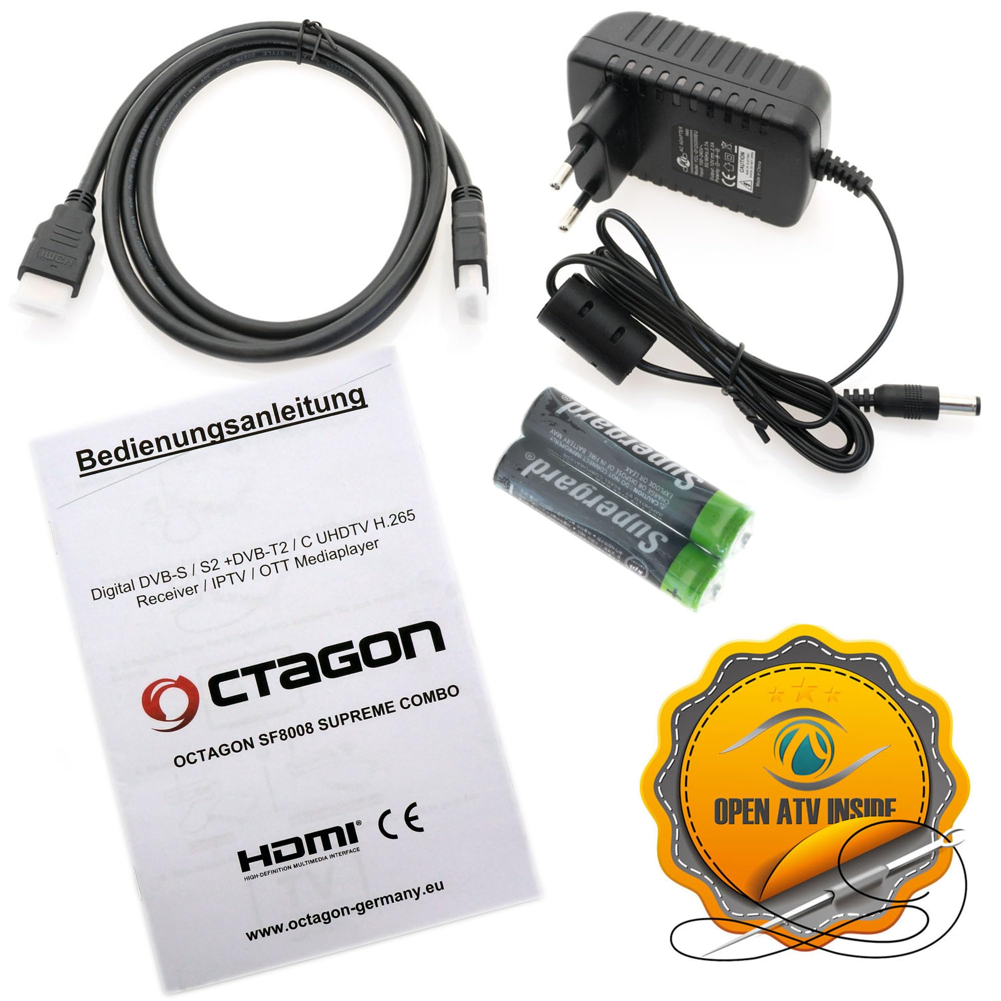 Octagon SF8008 4K Combo Supreme V3 UHD E2 2xDVB-S2X Linux PVR Combo Sat Receiver, WiFi de Doble Banda 2,4/5G, LAN de 1 Gbit, Interfaz M.2, HDR 10, BT 5.1, Mando a Distancia IR, Cable HDMI HTS e-com