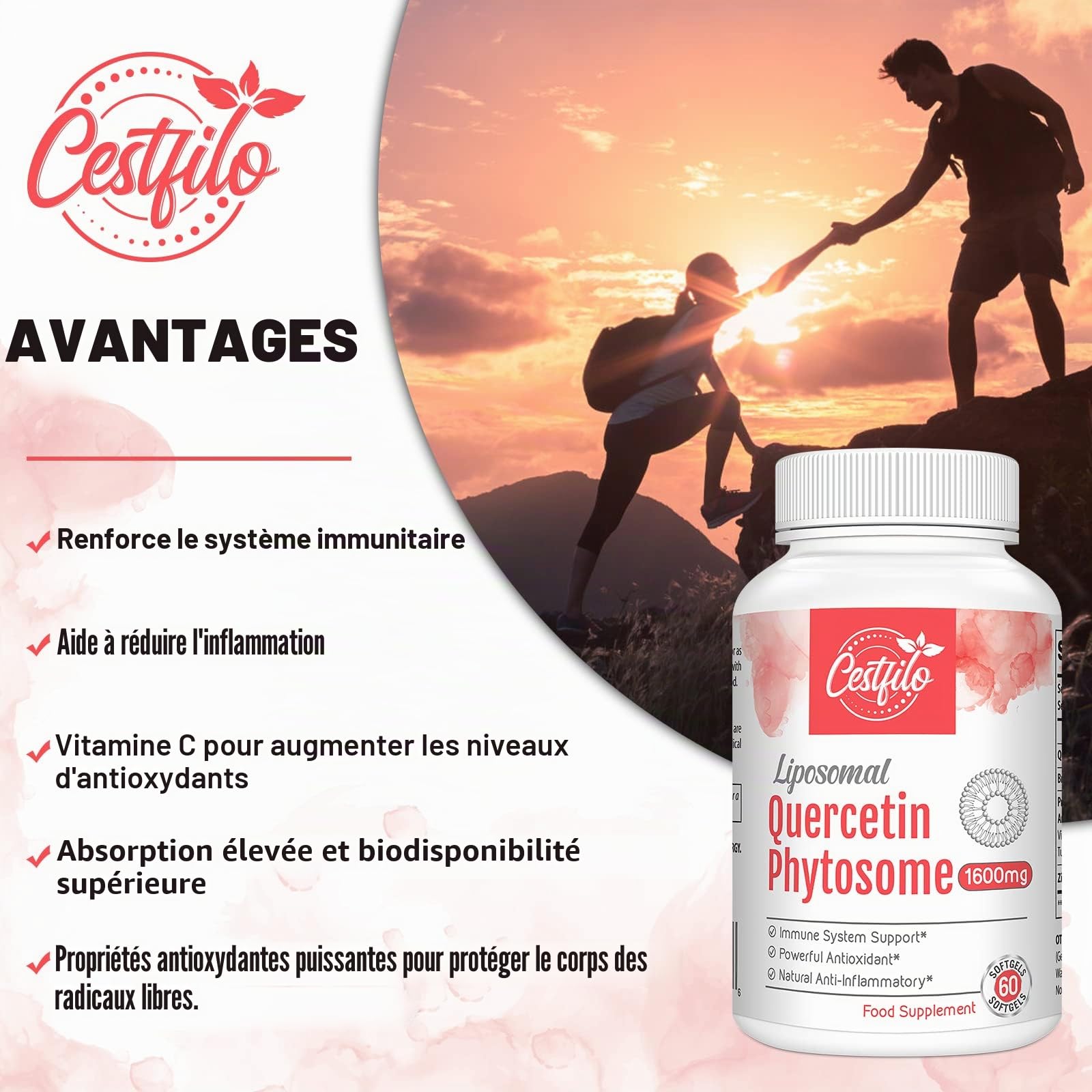 Liposomale Quercétine Phytosome 1600mg Softgels avec Bromélaïne, Supplément Antioxydant, 60 Gélules (60 unité (Lot de 2))